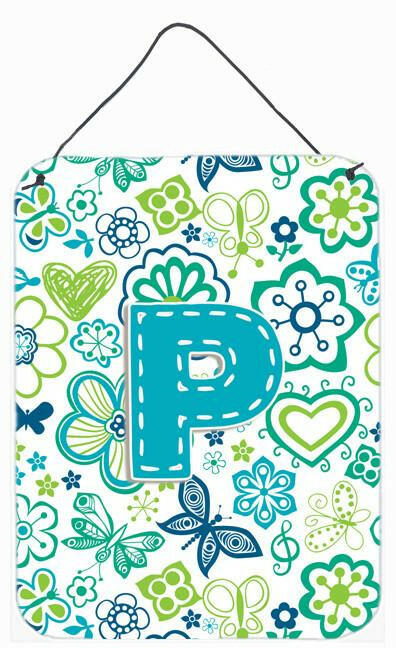 Letter P Flowers and Butterflies Teal Blue Wall or Door Hanging Prints CJ2006-PDS1216 by Caroline's Treasures