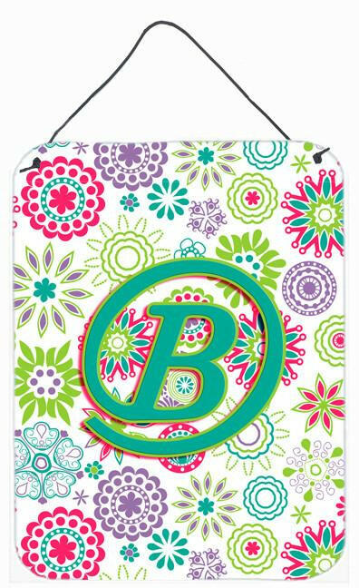 Letter B Flowers Pink Teal Green Initial Wall or Door Hanging Prints CJ2011-BDS1216 by Caroline's Treasures