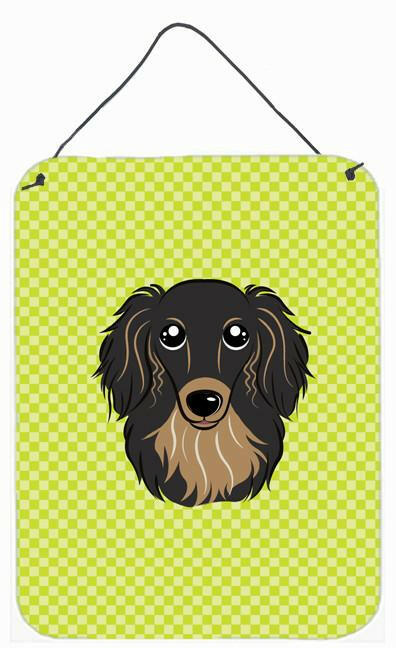 Checkerboard Lime Green Longhair Black Tan Dachshund Wall Door Hanging Prints by Caroline's Treasures