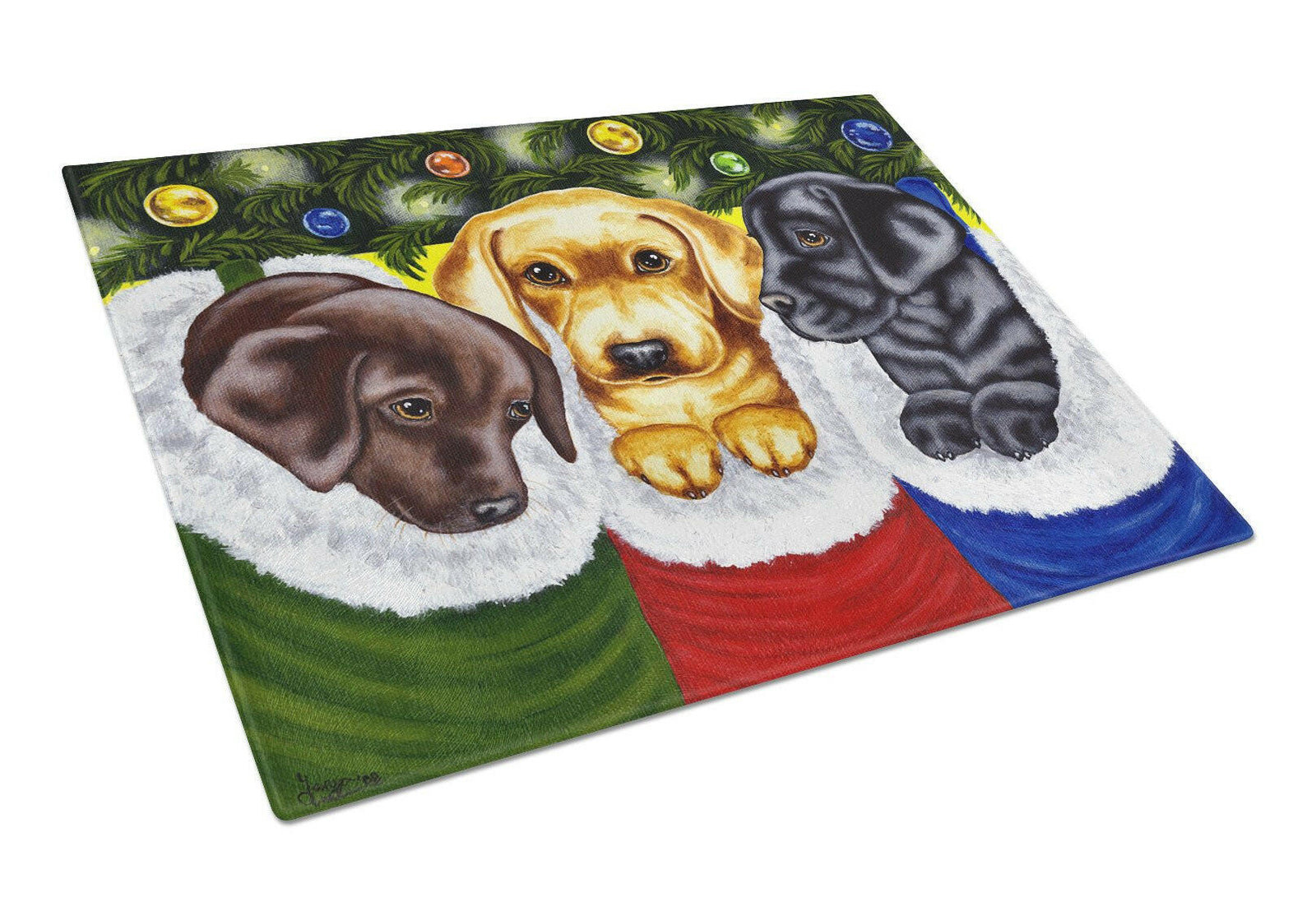 Christmas Stocking Surprise Labrador Glass Cutting Board Large AMB1315LCB by Caroline's Treasures