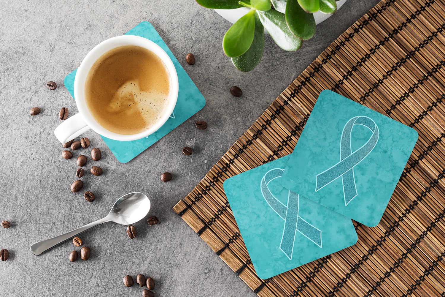 Set of 4 Teal Ribbon for Ovarian Cancer Awareness Foam Coasters AN1201FC - the-store.com