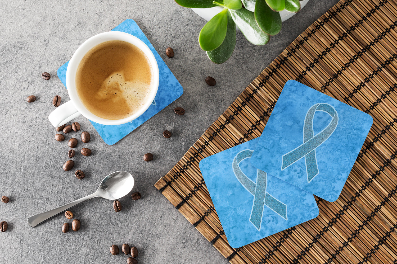 Set of 4 Blue Ribbon for Prostate Cancer Awareness Foam Coasters AN1206FC - the-store.com