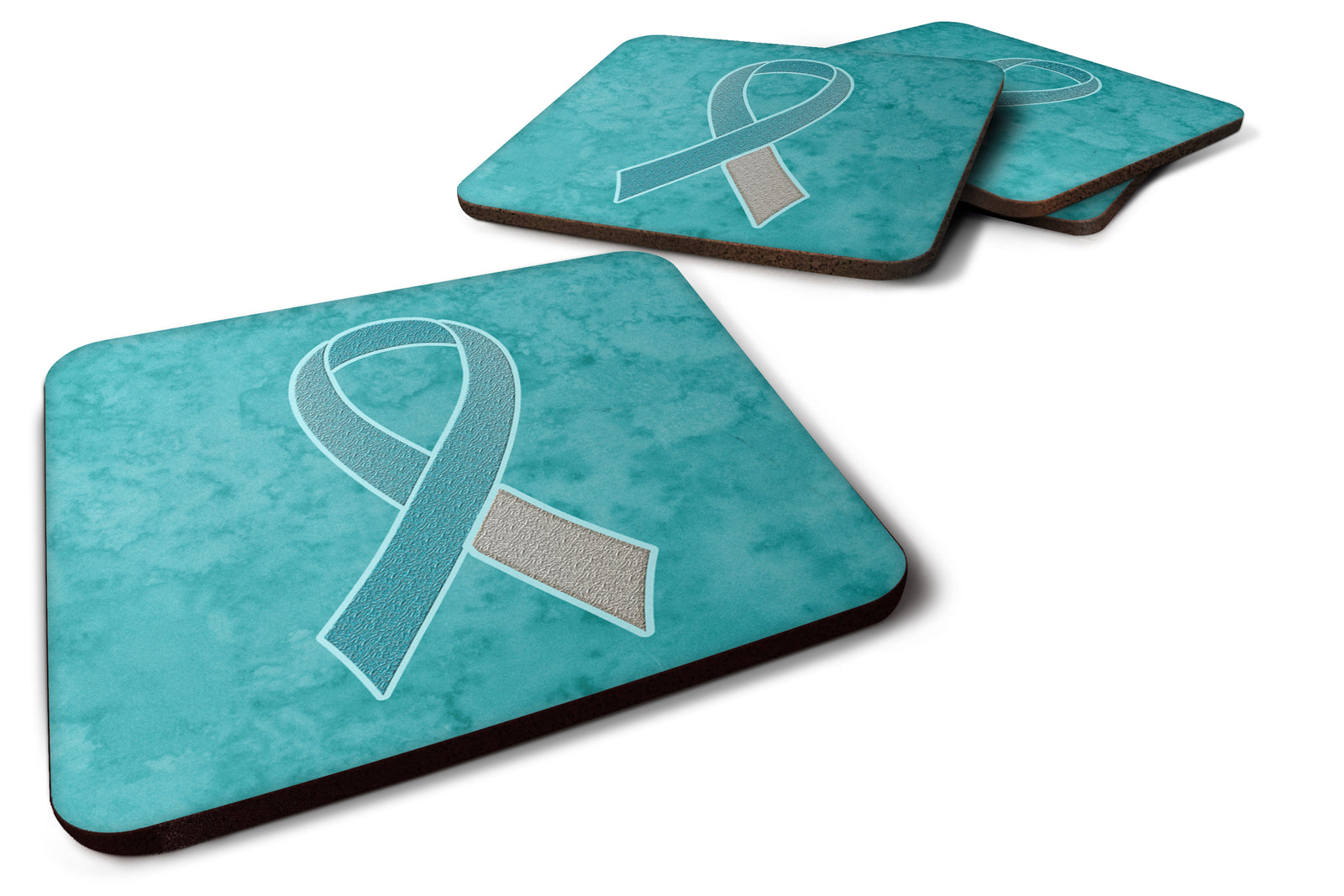 Set of 4 Teal and White Ribbon for Cervical Cancer Awareness Foam Coasters AN1215FC - the-store.com