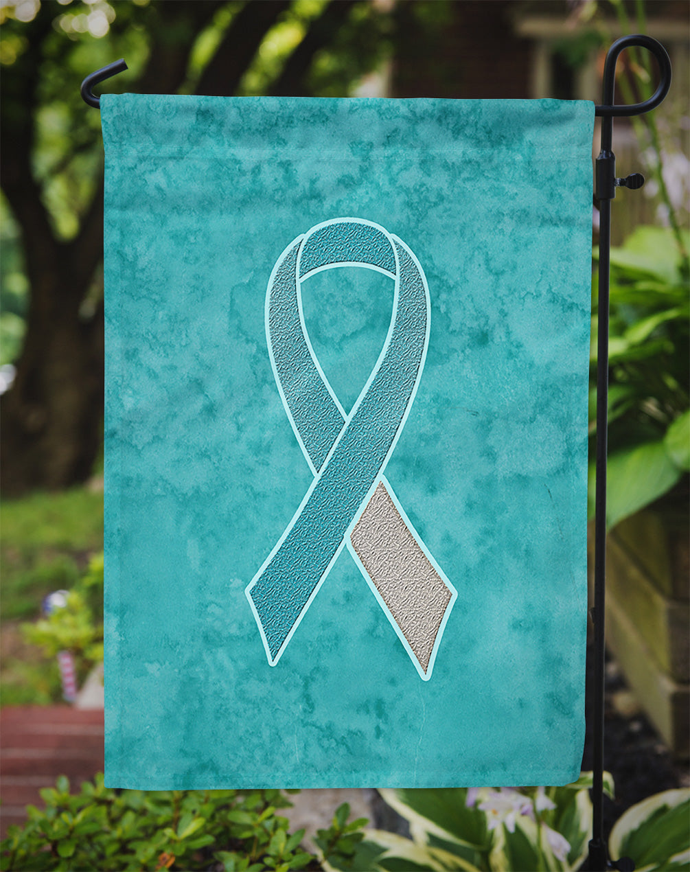 Teal and White Ribbon for Cervical Cancer Awareness Flag Garden Size  the-store.com.