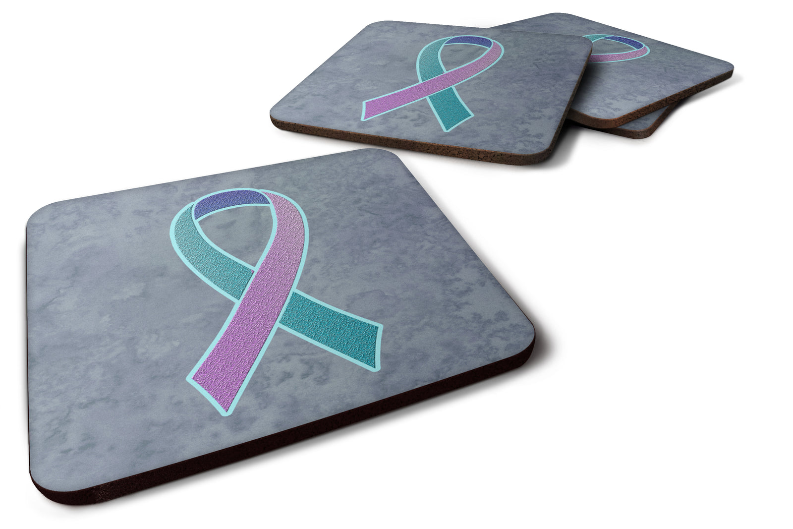 Set of 4 Teal, Pink and Blue Ribbon for Thyroid Cancer Awareness Foam Coasters AN1217FC - the-store.com