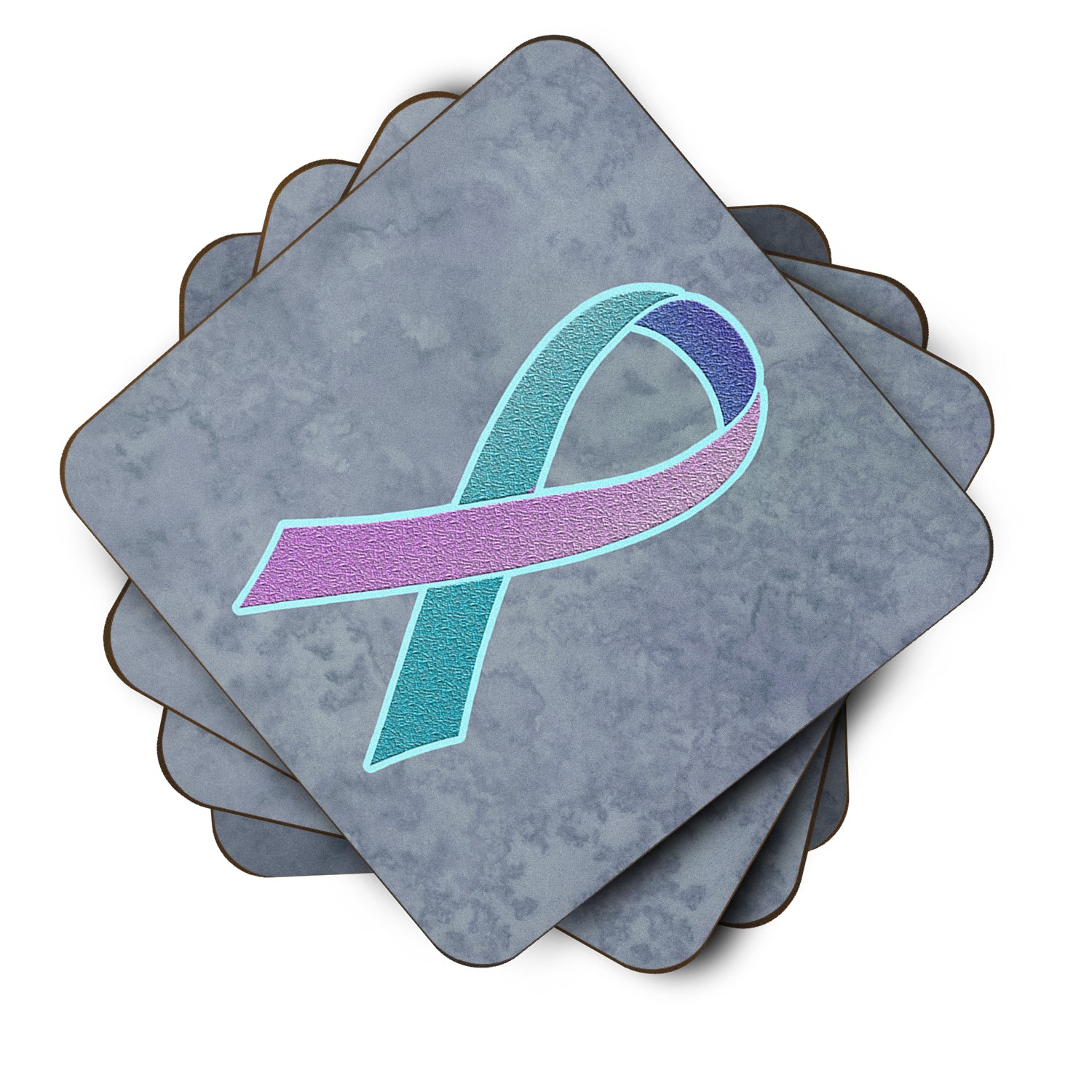 Set of 4 Teal, Pink and Blue Ribbon for Thyroid Cancer Awareness Foam Coasters AN1217FC - the-store.com