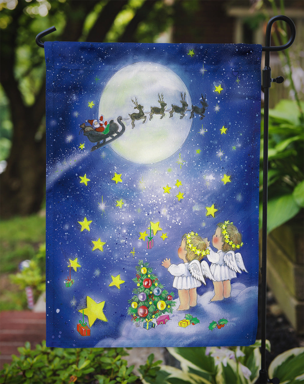 Angels watching Santa Claus Flag Garden Size APH0690GF.