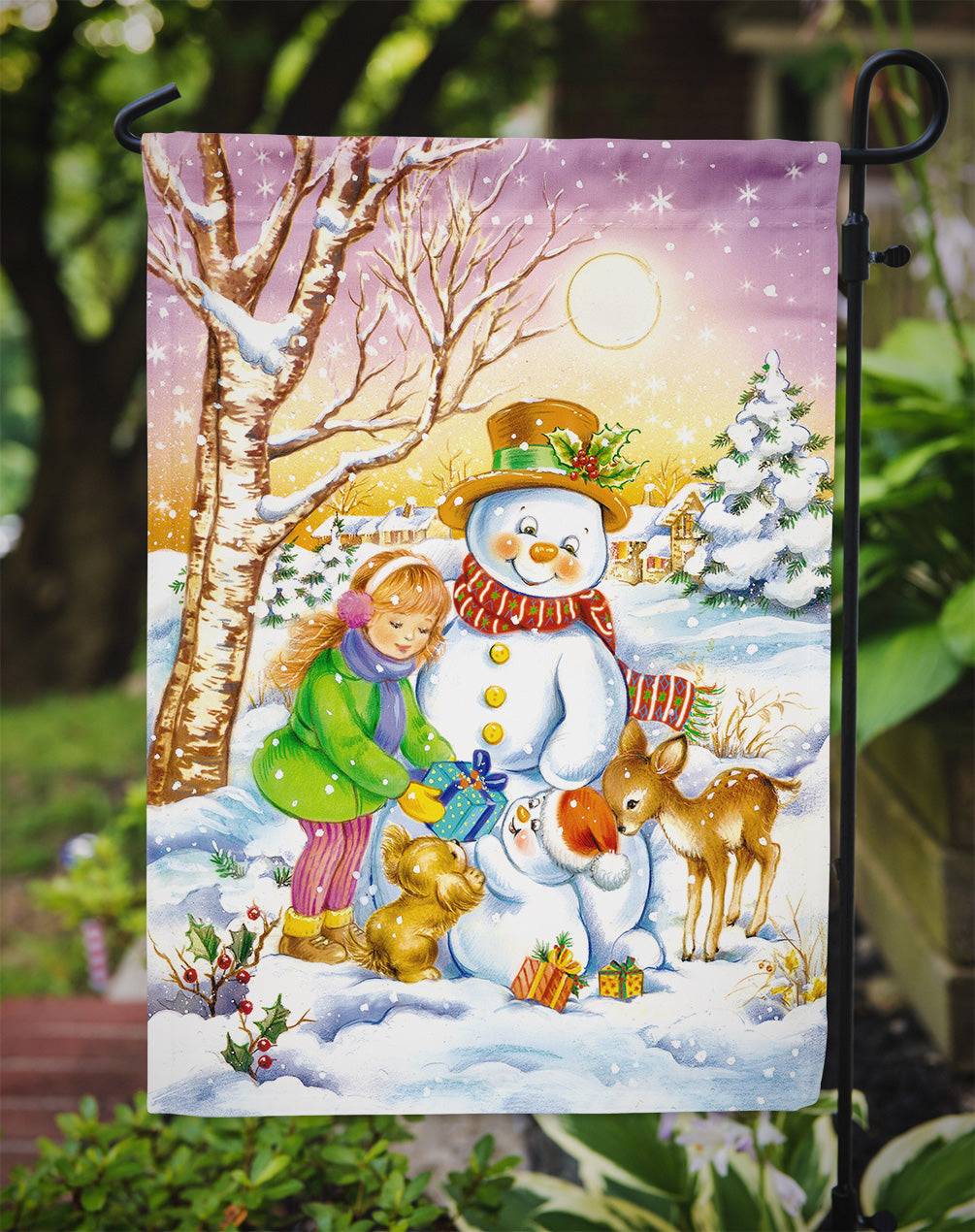 Girl and Animals with Snowman Flag Garden Size APH3544GF.