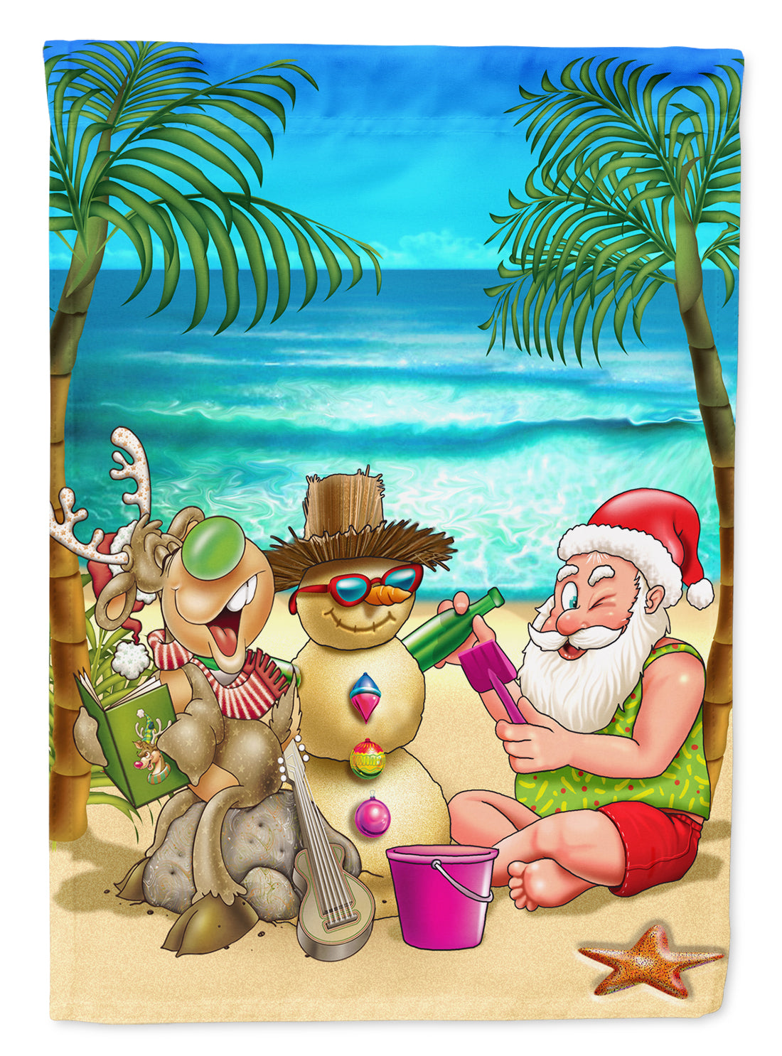 Beach Christmas Santa Claus and Sandman Flag Canvas House Size APH5148CHF  the-store.com.