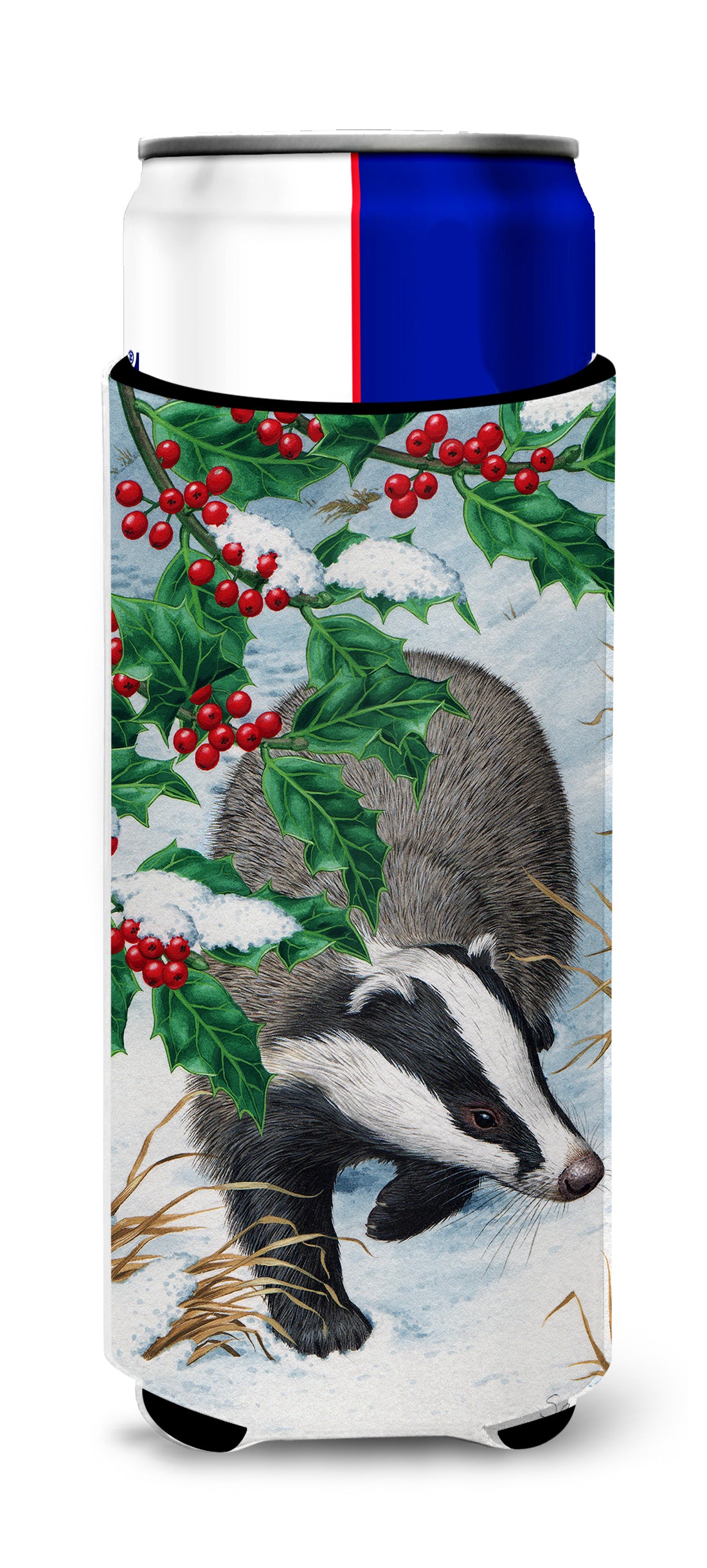 Badgers with Holly Berries Ultra Beverage Insulators for slim cans ASA2039MUK  the-store.com.