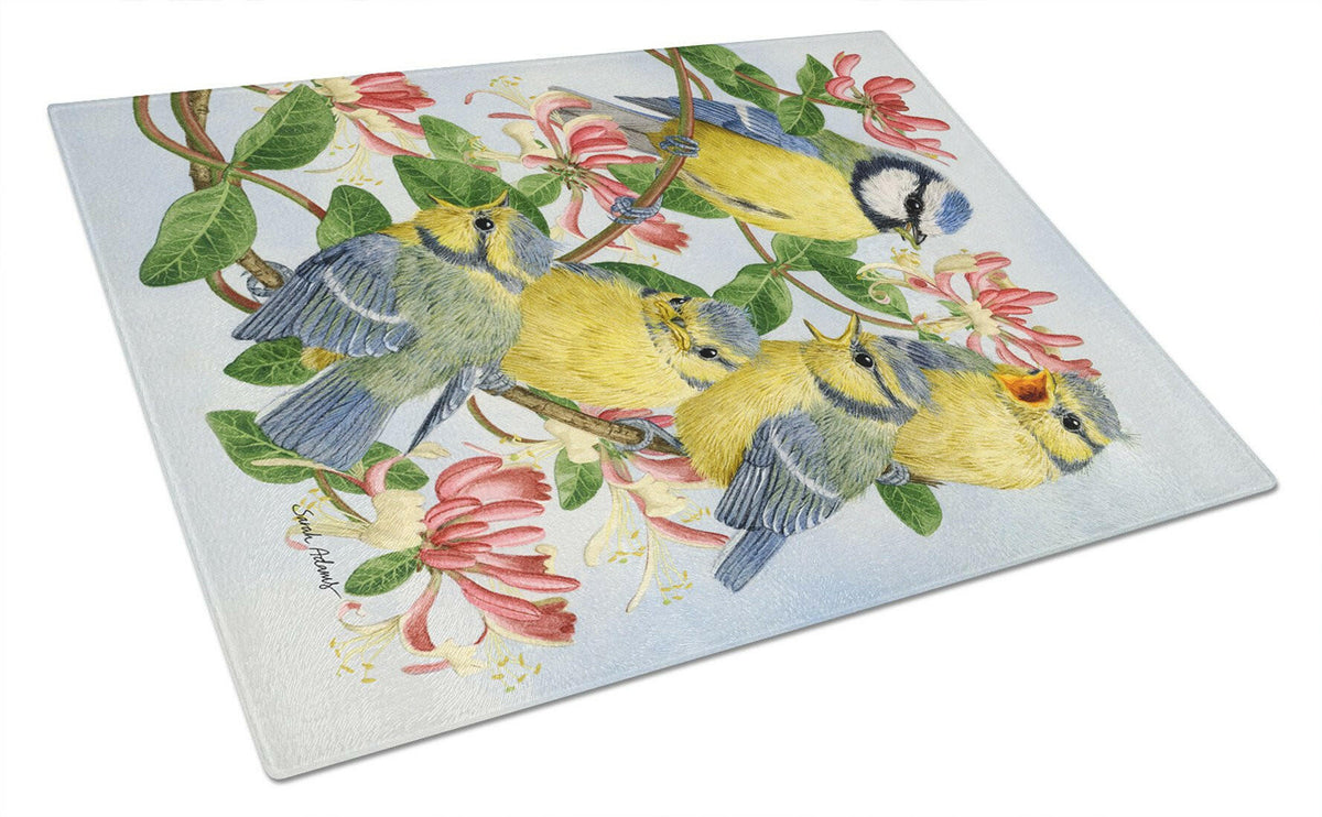 Eurasian Blue Tits at feeding time Glass Cutting Board Large ASA2081LCB by Caroline&#39;s Treasures