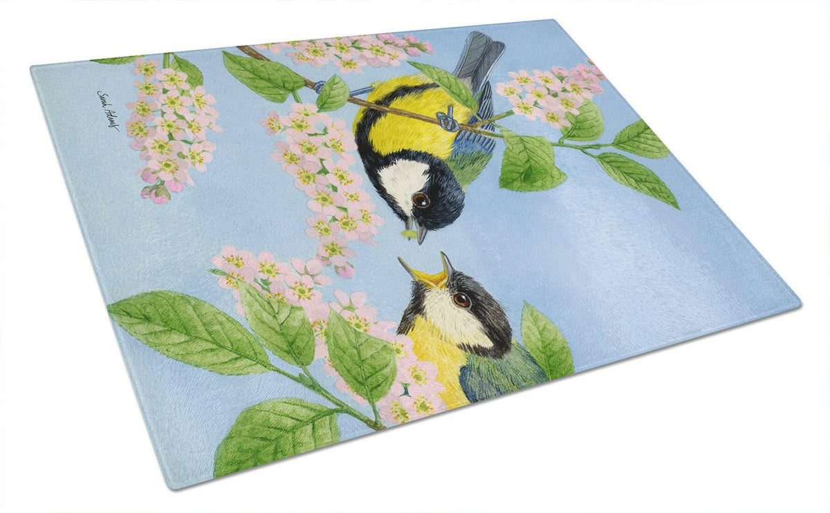 Eurasian Blue Tits Birds Glass Cutting Board Large ASA2128LCB by Caroline&#39;s Treasures