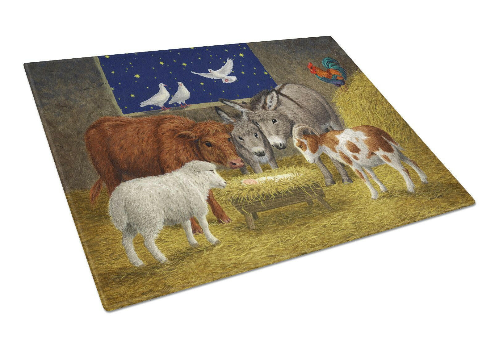 Animals at Crib Nativity Christmas Scene Glass Cutting Board Large ASA2205LCB by Caroline's Treasures