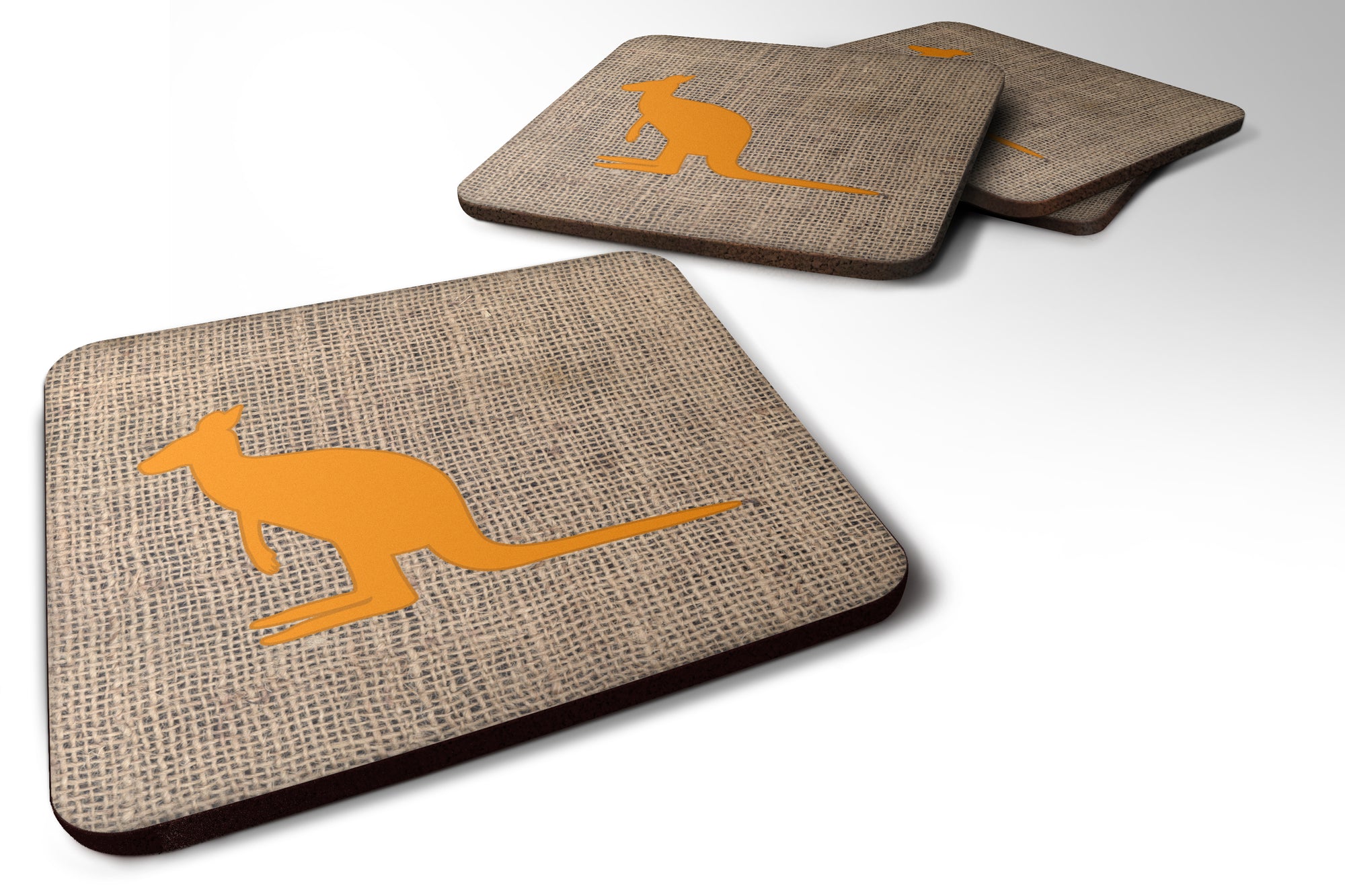 Set of 4 Kangaroo Burlap and Orange Foam Coasters - the-store.com