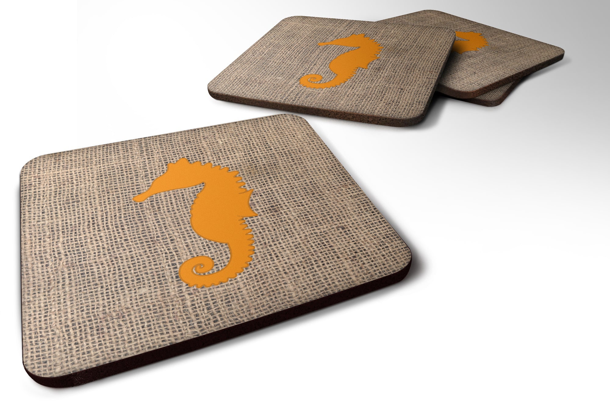 Set of 4 Sea Horse Burlap and Orange Foam Coasters - the-store.com