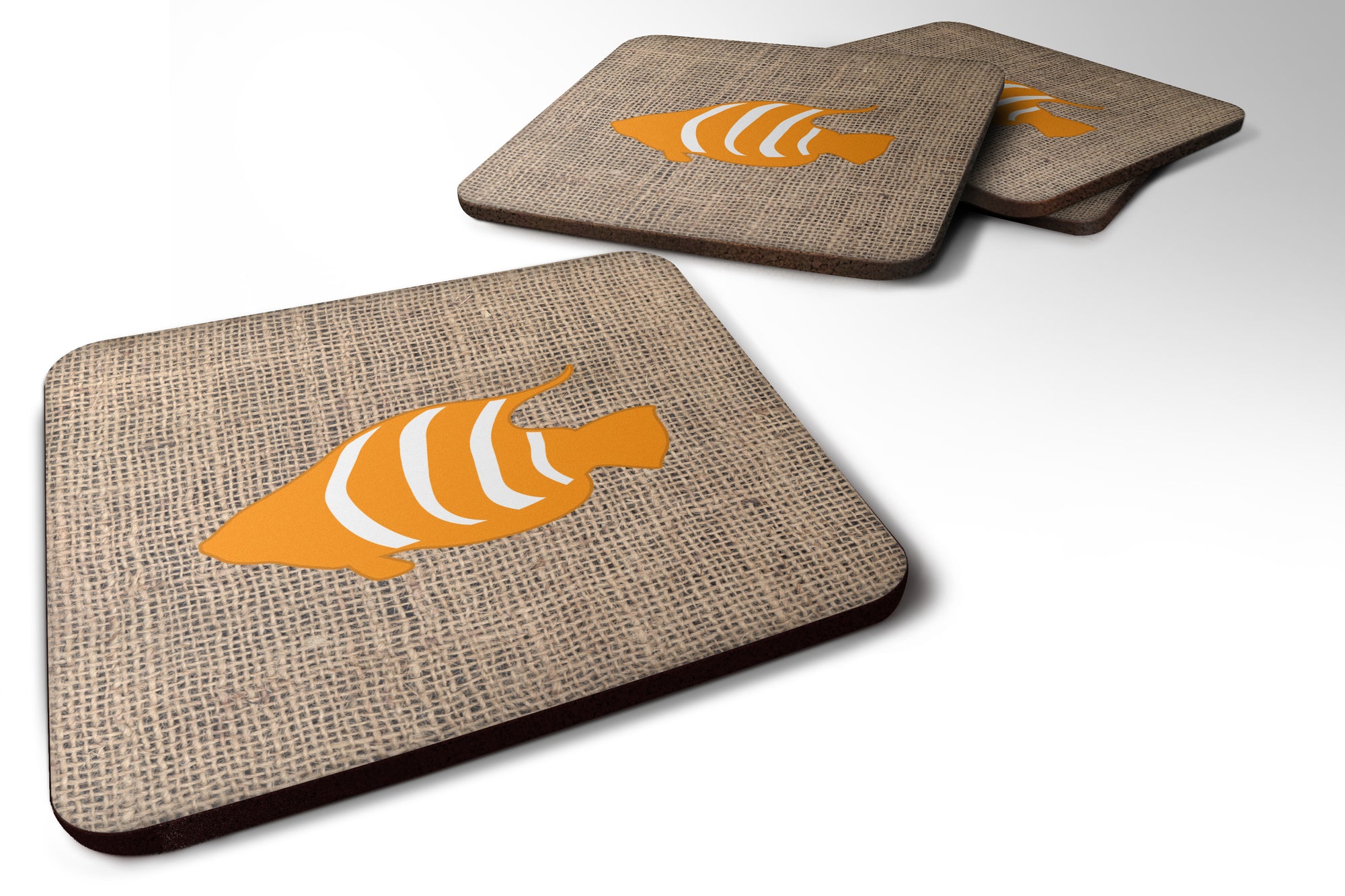 Set of 4 Fish Burlap and Orange Foam Coasters - the-store.com