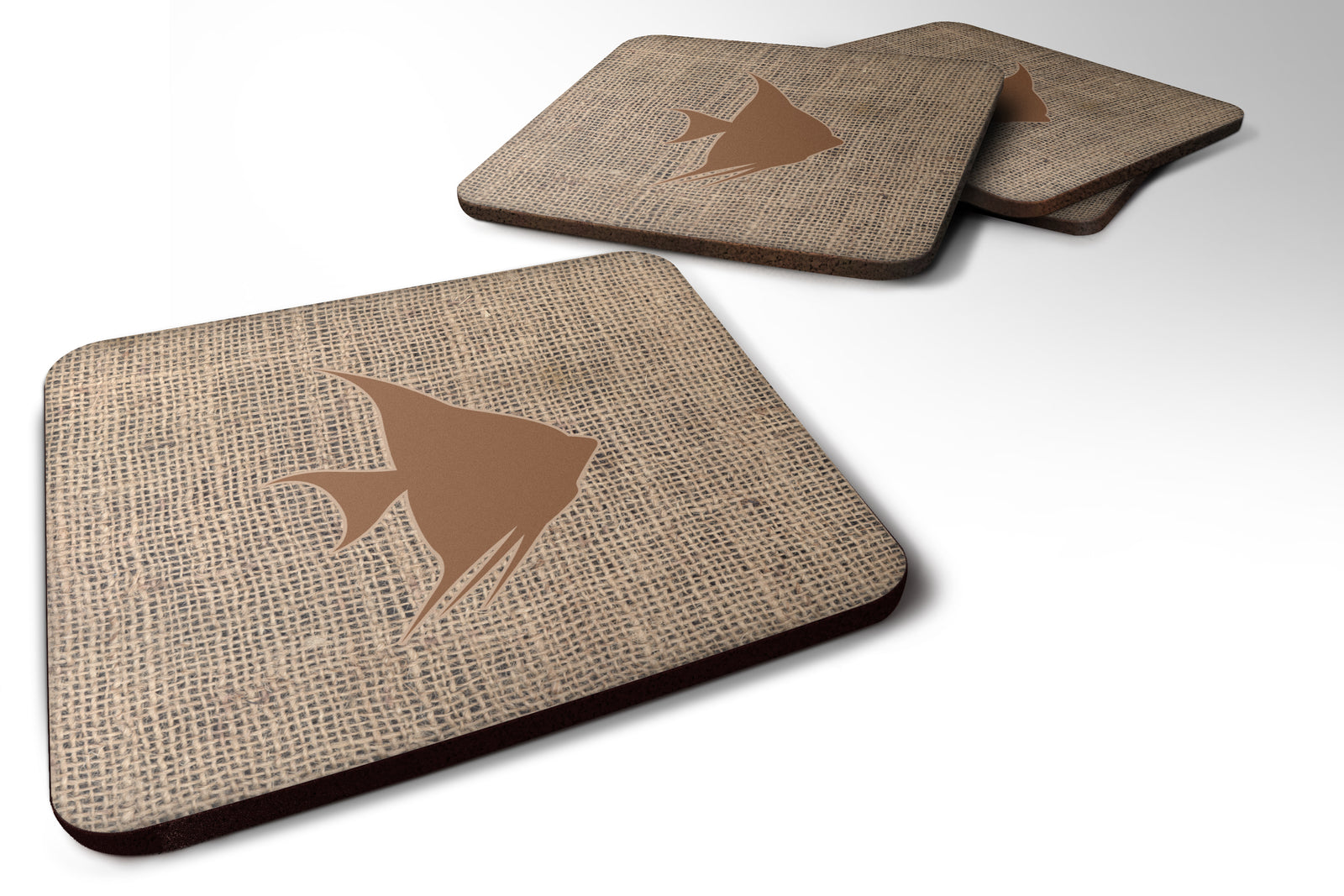 Set of 4 Fish - Angel Fish Burlap and Brown Foam Coasters - the-store.com