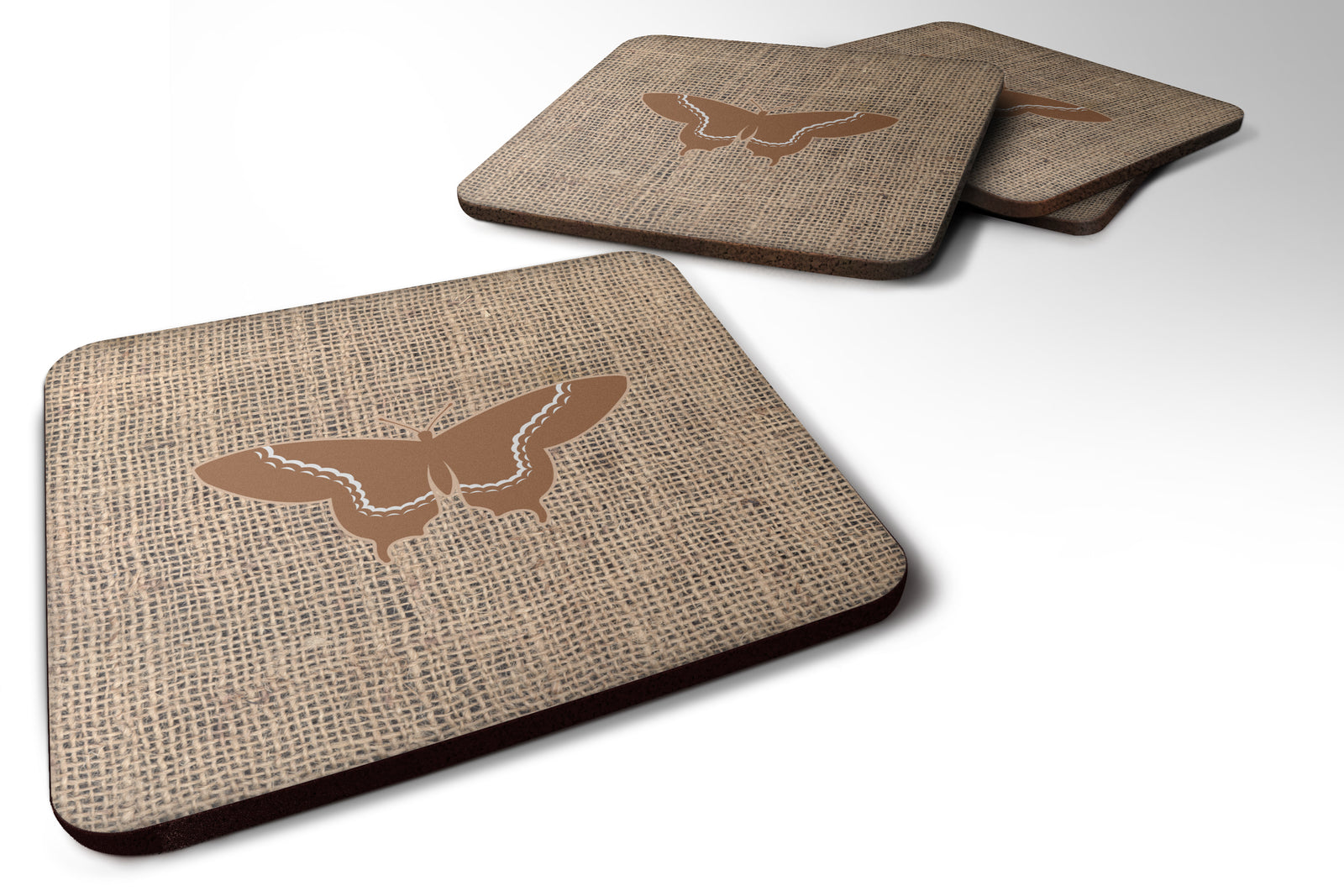 Set of 4 Butterfly Burlap and Brown Foam Coasters - the-store.com