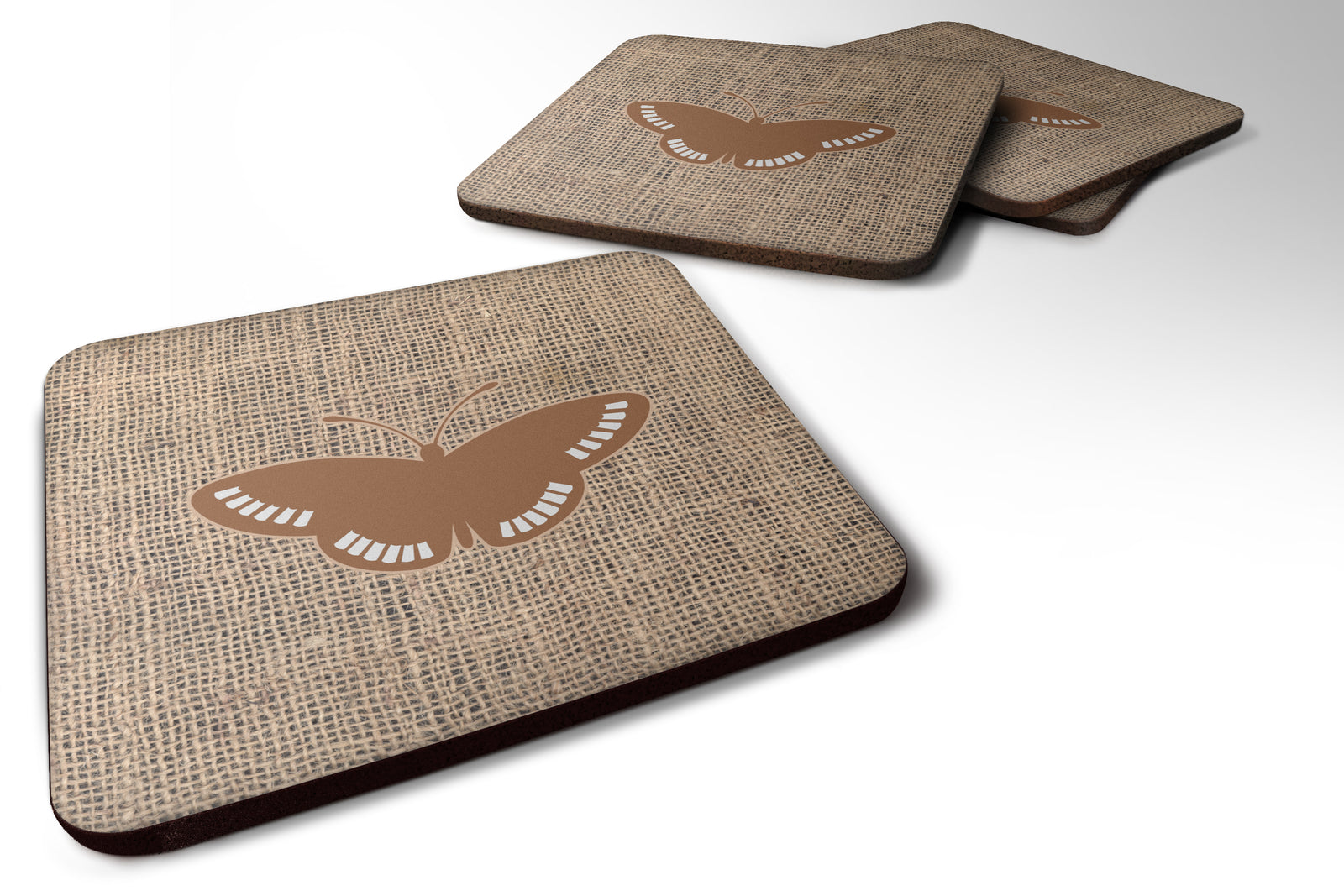 Set of 4 Butterfly Burlap and Brown Foam Coasters - the-store.com