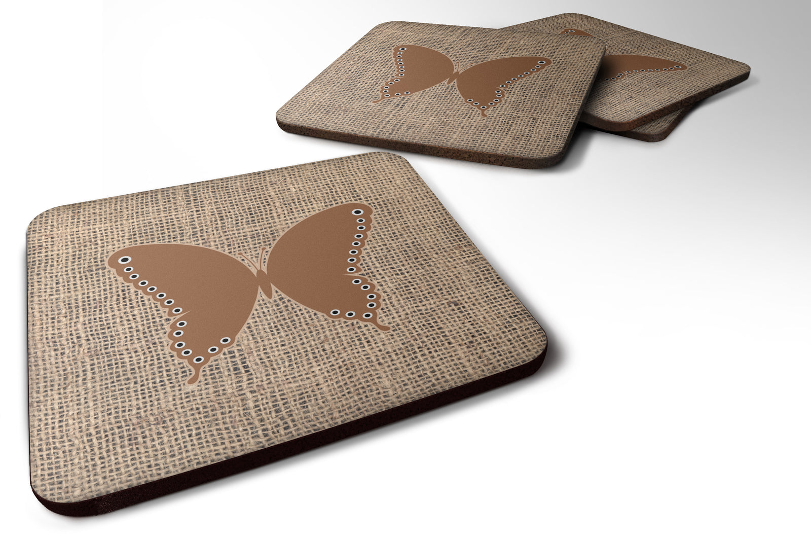 Set of 4 Butterfly Burlap and Brown Foam Coasters - the-store.com