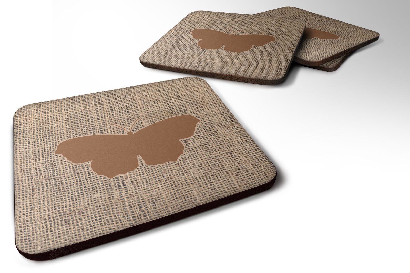 Set of 4 Butterfly Burlap and Brown Foam Coasters - the-store.com