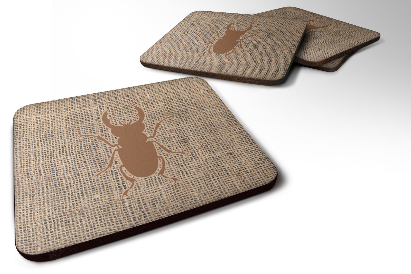 Set of 4 Beetle Burlap and Brown Foam Coasters - the-store.com