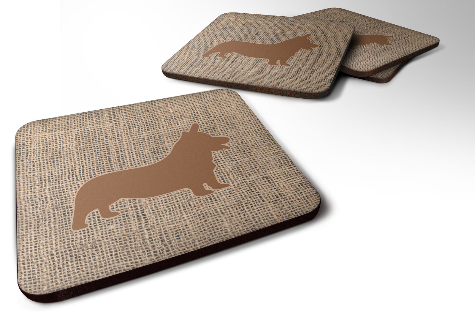 Set of 4 Corgi Burlap and Brown Foam Coasters - the-store.com