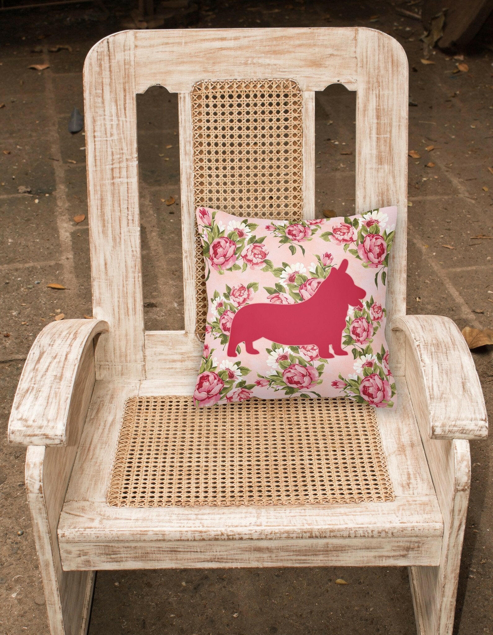 Corgi Shabby Chic Pink Roses  Fabric Decorative Pillow BB1069-RS-PK-PW1414 - the-store.com