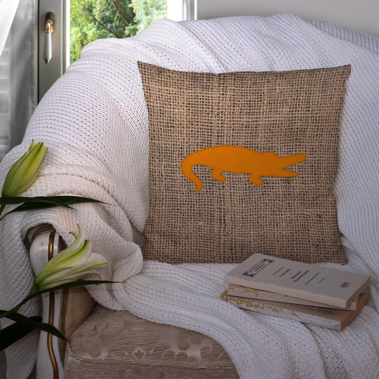 Alligator Burlap and Orange   Canvas Fabric Decorative Pillow BB1120 - the-store.com