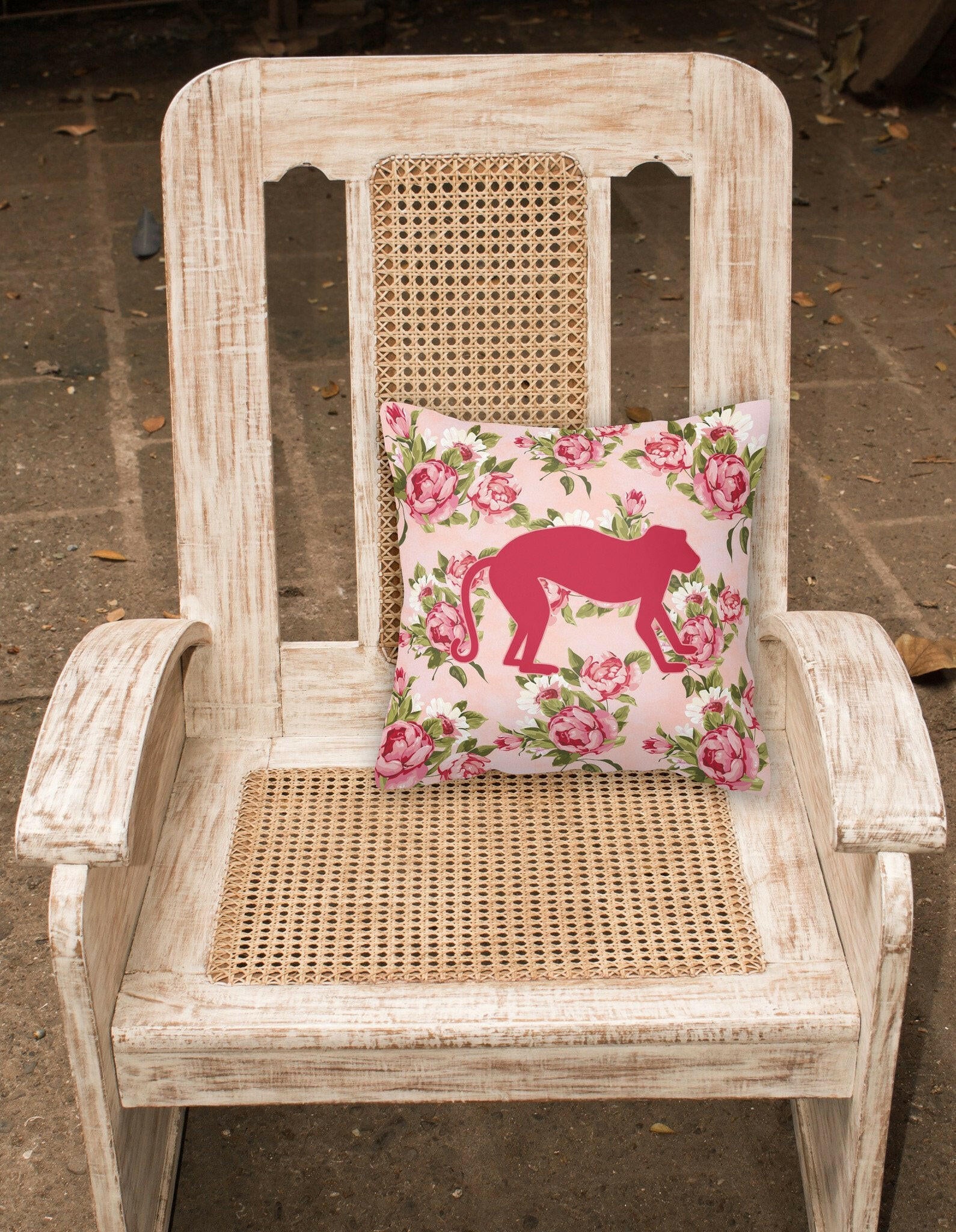 Monkey Shabby Chic Pink Roses  Fabric Decorative Pillow BB1128-RS-PK-PW1414 - the-store.com