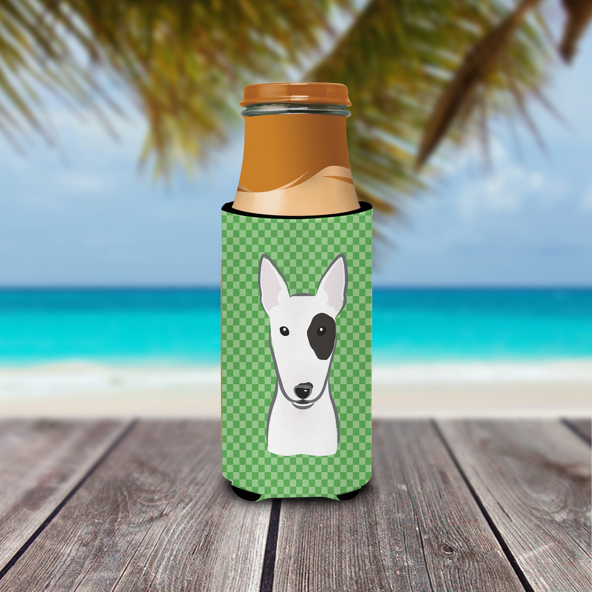 Green Checkered Bull Terrier Ultra Beverage Insulators for slim cans BB1132MUK.