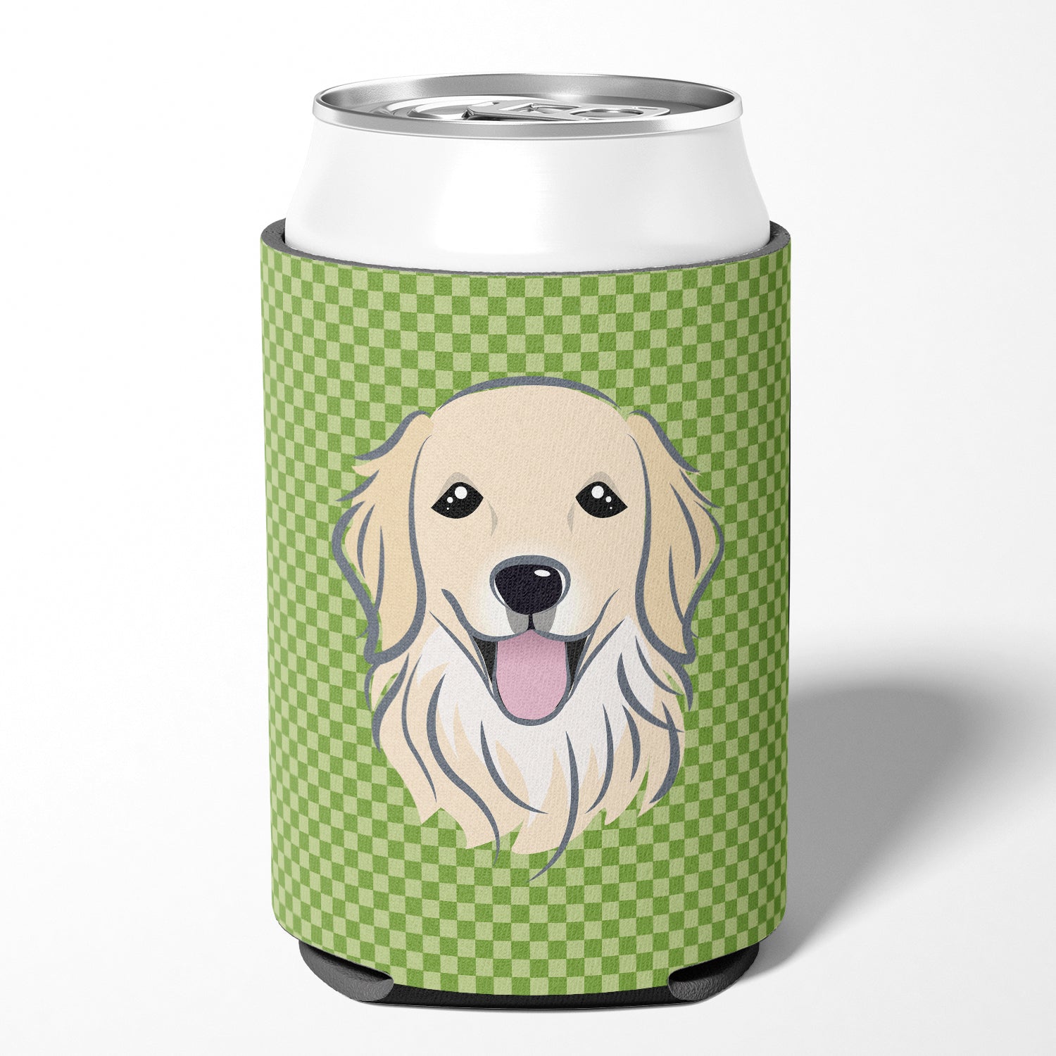 Green Checkered Golden Retriever Can or Bottle Hugger BB1137CC.