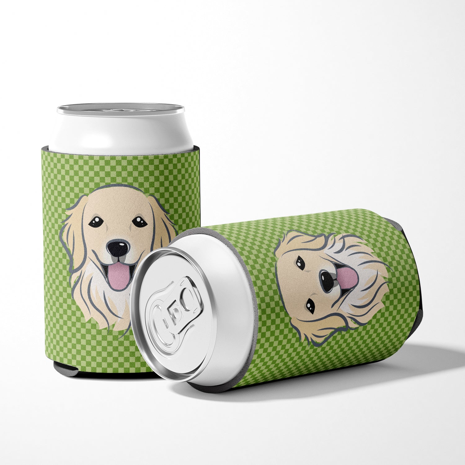 Green Checkered Golden Retriever Can or Bottle Hugger BB1137CC.