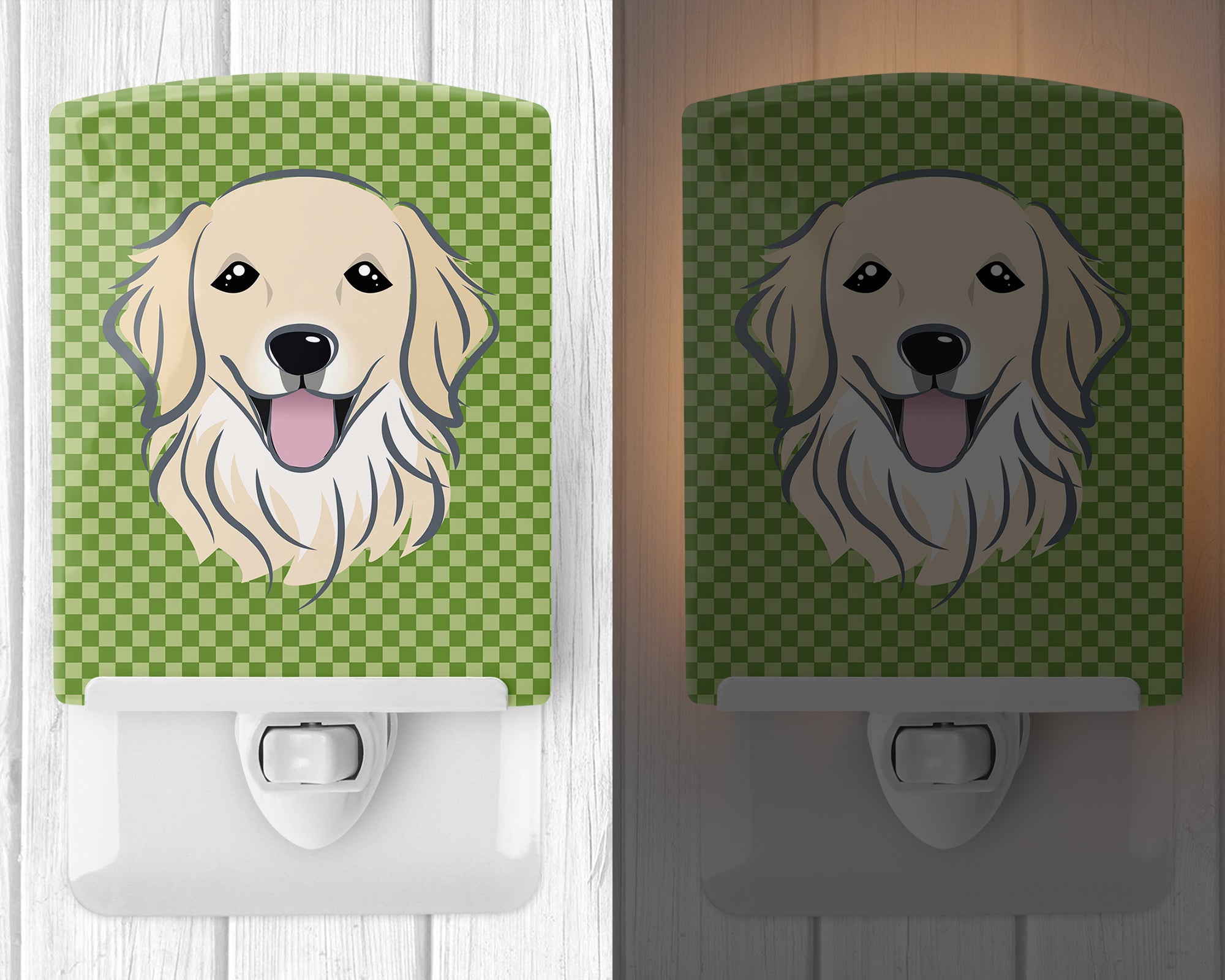 Green Checkered Golden Retriever Ceramic Night Light BB1137CNL - the-store.com