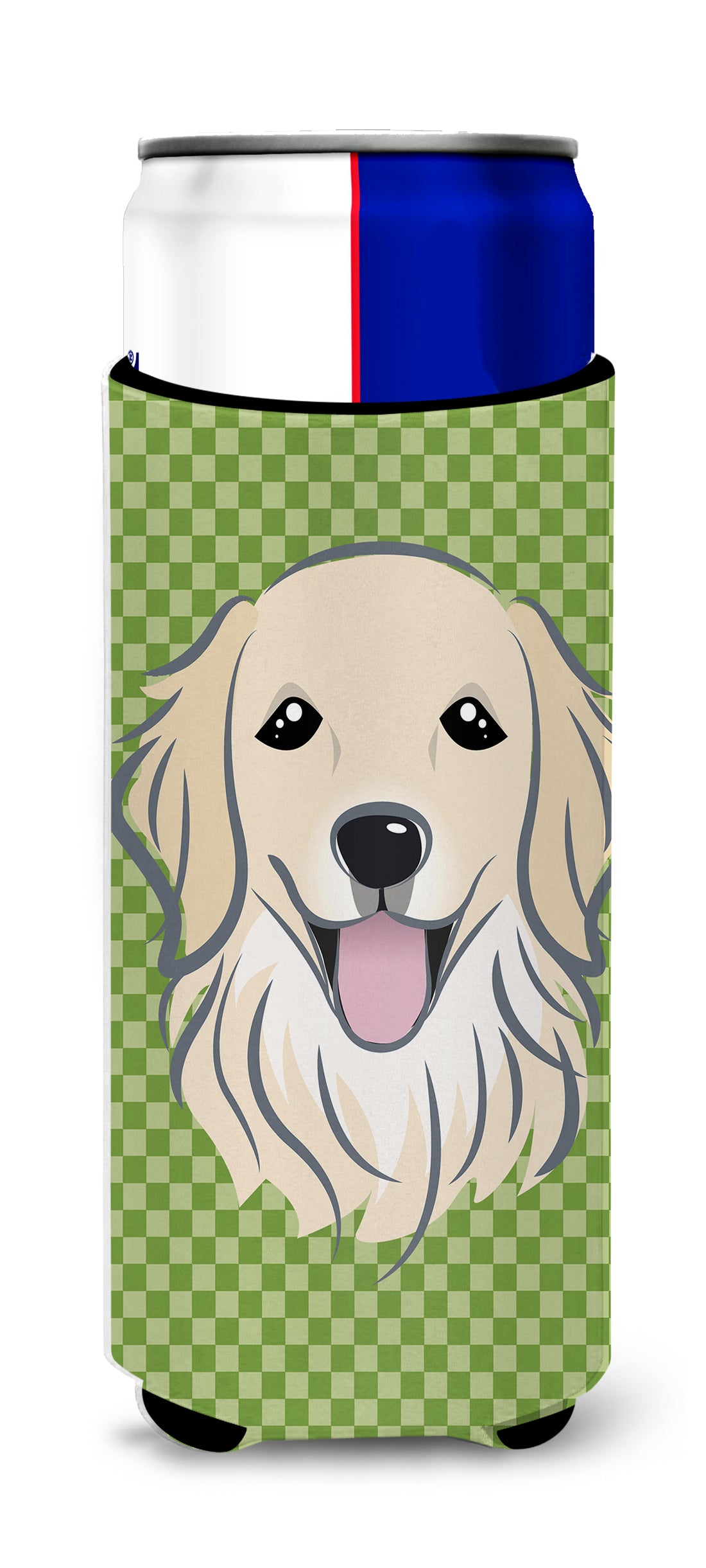 Green Checkered Golden Retriever Ultra Beverage Insulators for slim cans BB1137MUK.