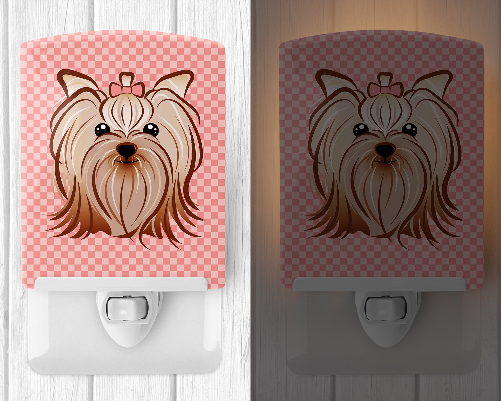 Pink Checkered Yorkie / Yorkshire Terrier Ceramic Night Light BB1138CNL - the-store.com