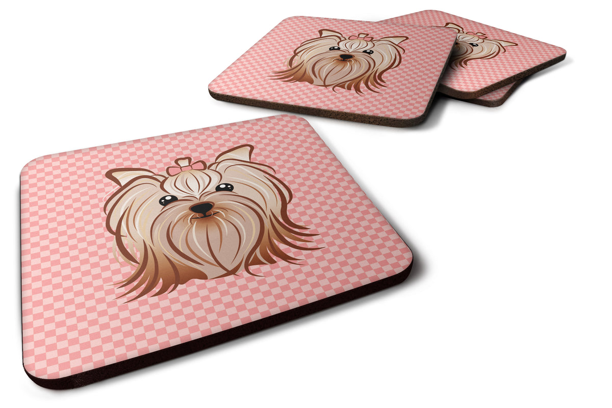 Set of 4 Pink Checkered Yorkie / Yorkshire Terrier Foam Coasters BB1138FC - the-store.com