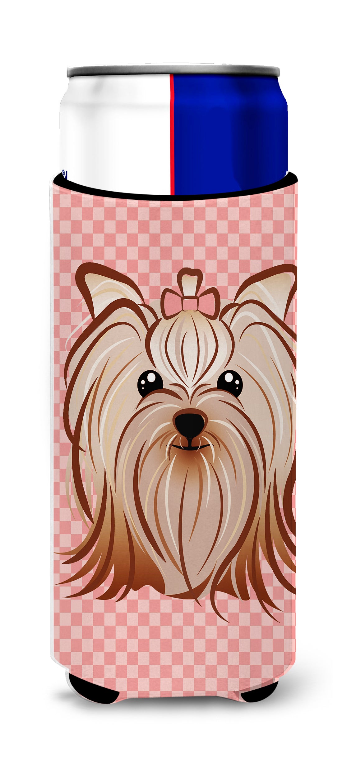 Pink Checkered Yorkie / Yorkshire Terrier Ultra Beverage Insulators for slim cans BB1138MUK.