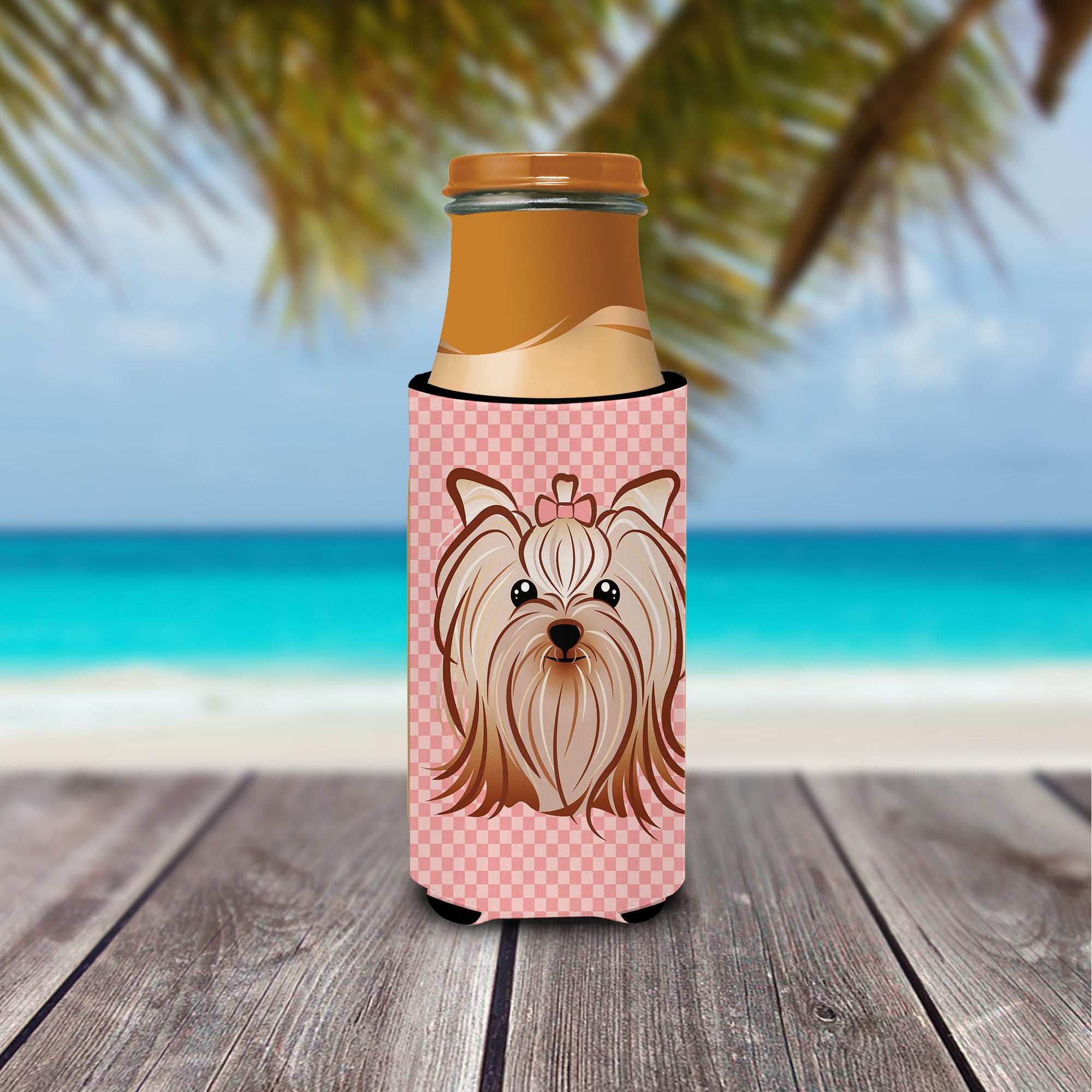 Pink Checkered Yorkie / Yorkshire Terrier Ultra Beverage Insulators for slim cans BB1138MUK.