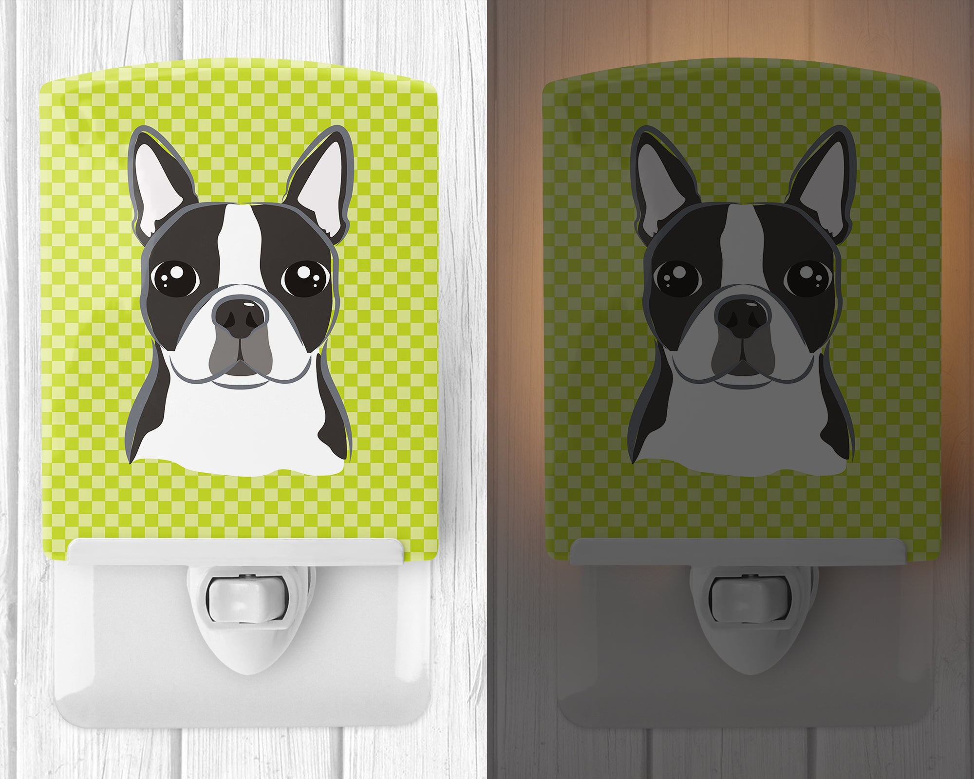 Lime Checkered Boston Terrier Ceramic Night Light BB1139CNL - the-store.com