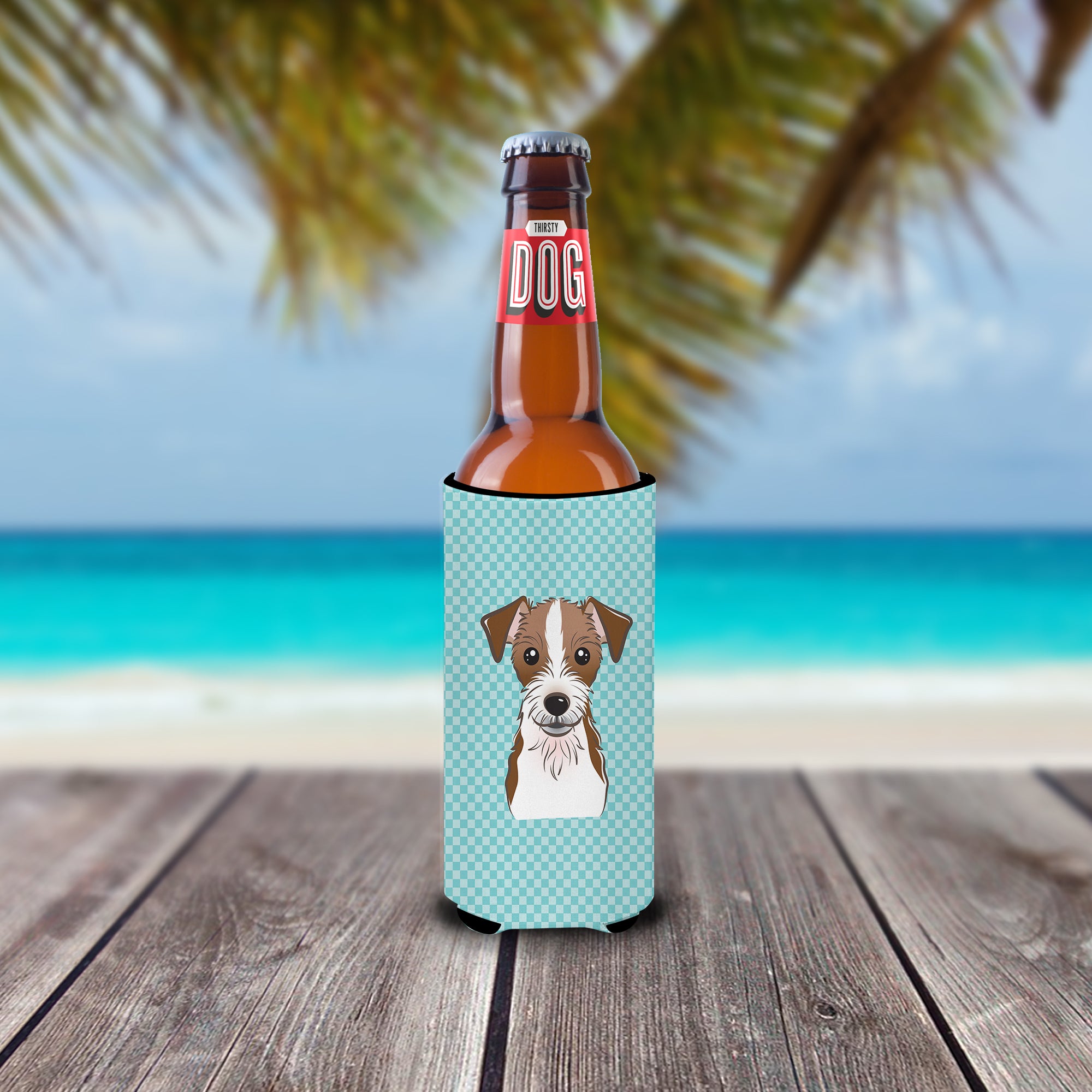 Checkerboard Blue Jack Russell Terrier Ultra Beverage Insulators for slim cans.