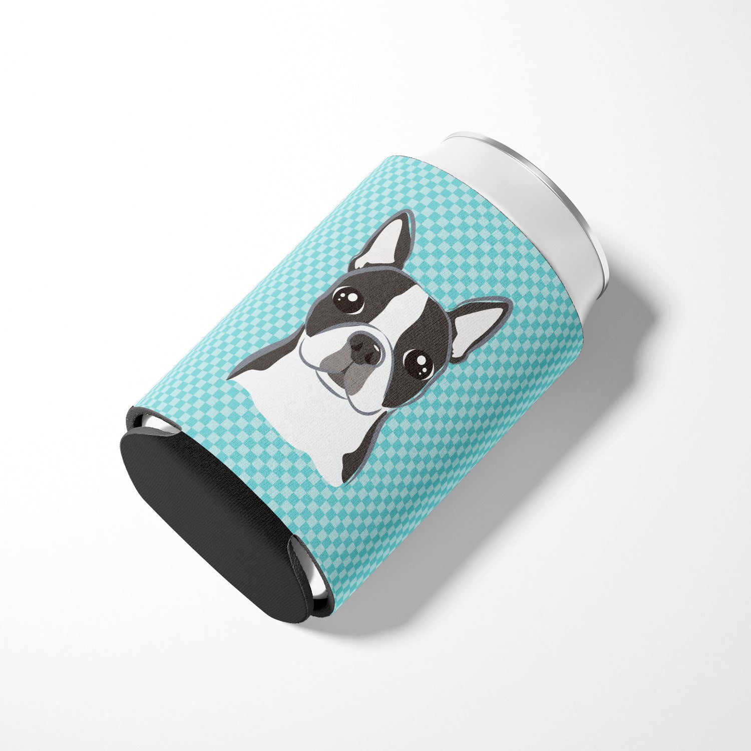 Checkerboard Blue Boston Terrier Can or Bottle Hugger BB1141CC.