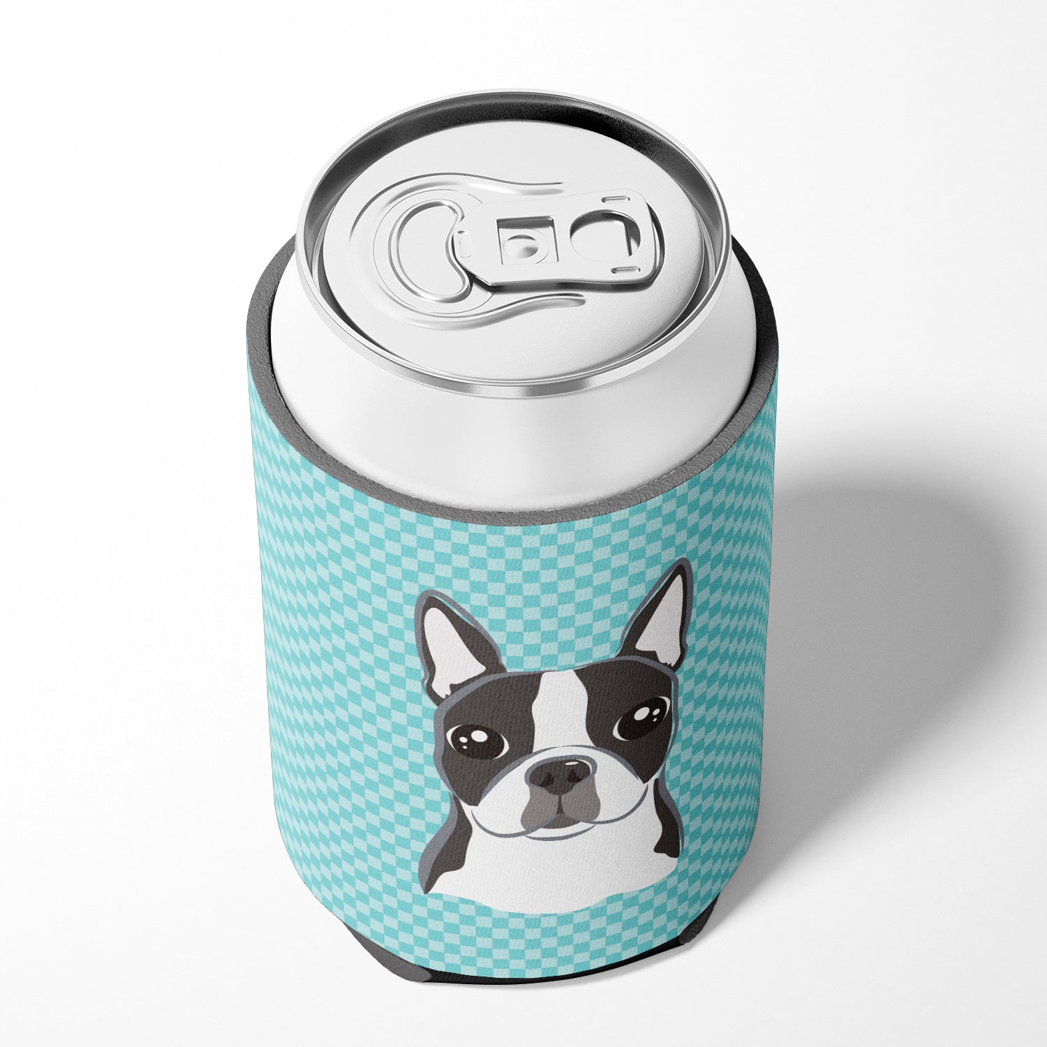 Checkerboard Blue Boston Terrier Can or Bottle Hugger BB1141CC.