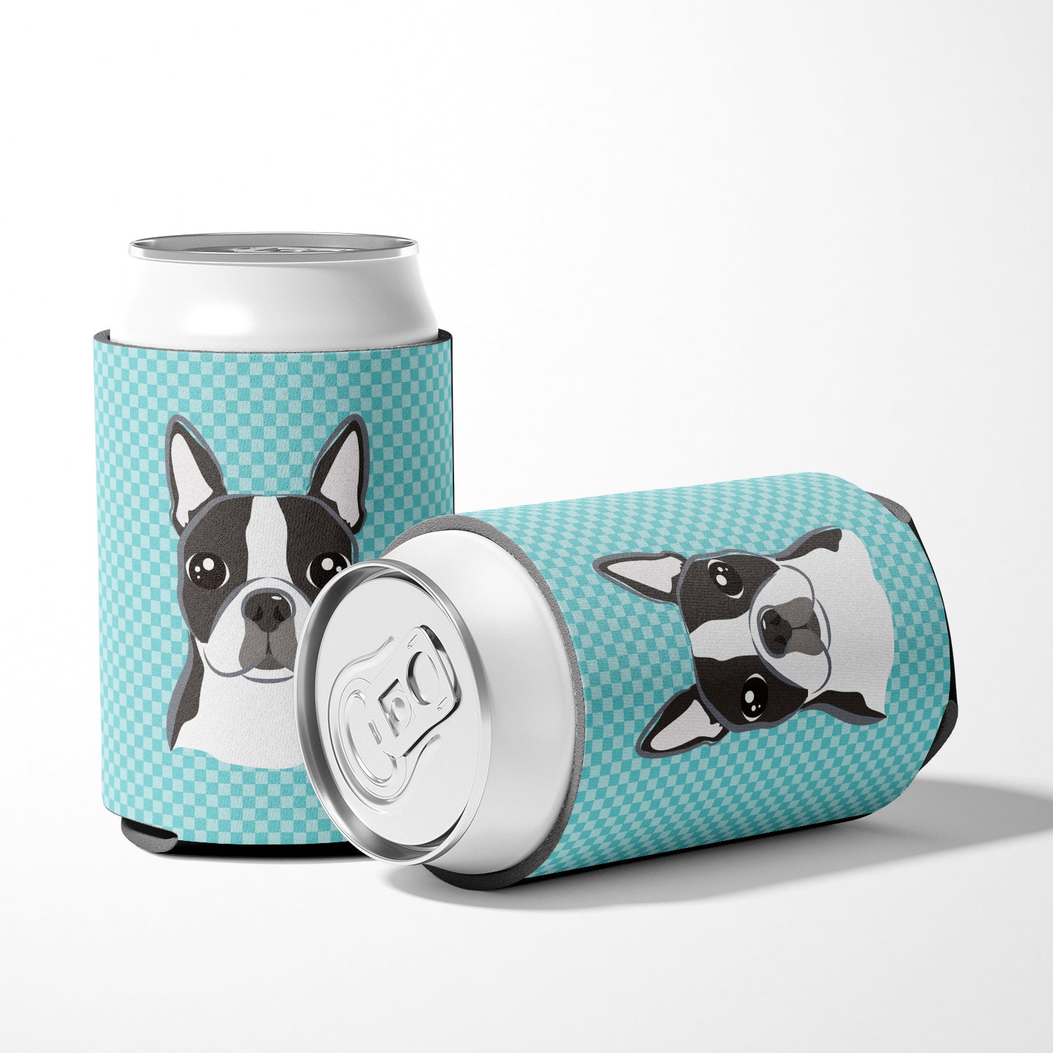 Checkerboard Blue Boston Terrier Can or Bottle Hugger BB1141CC.