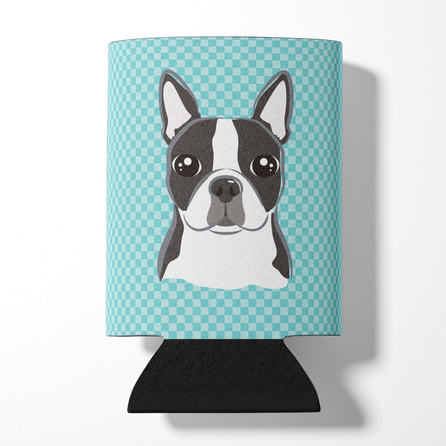 Checkerboard Blue Boston Terrier Can or Bottle Hugger BB1141CC.