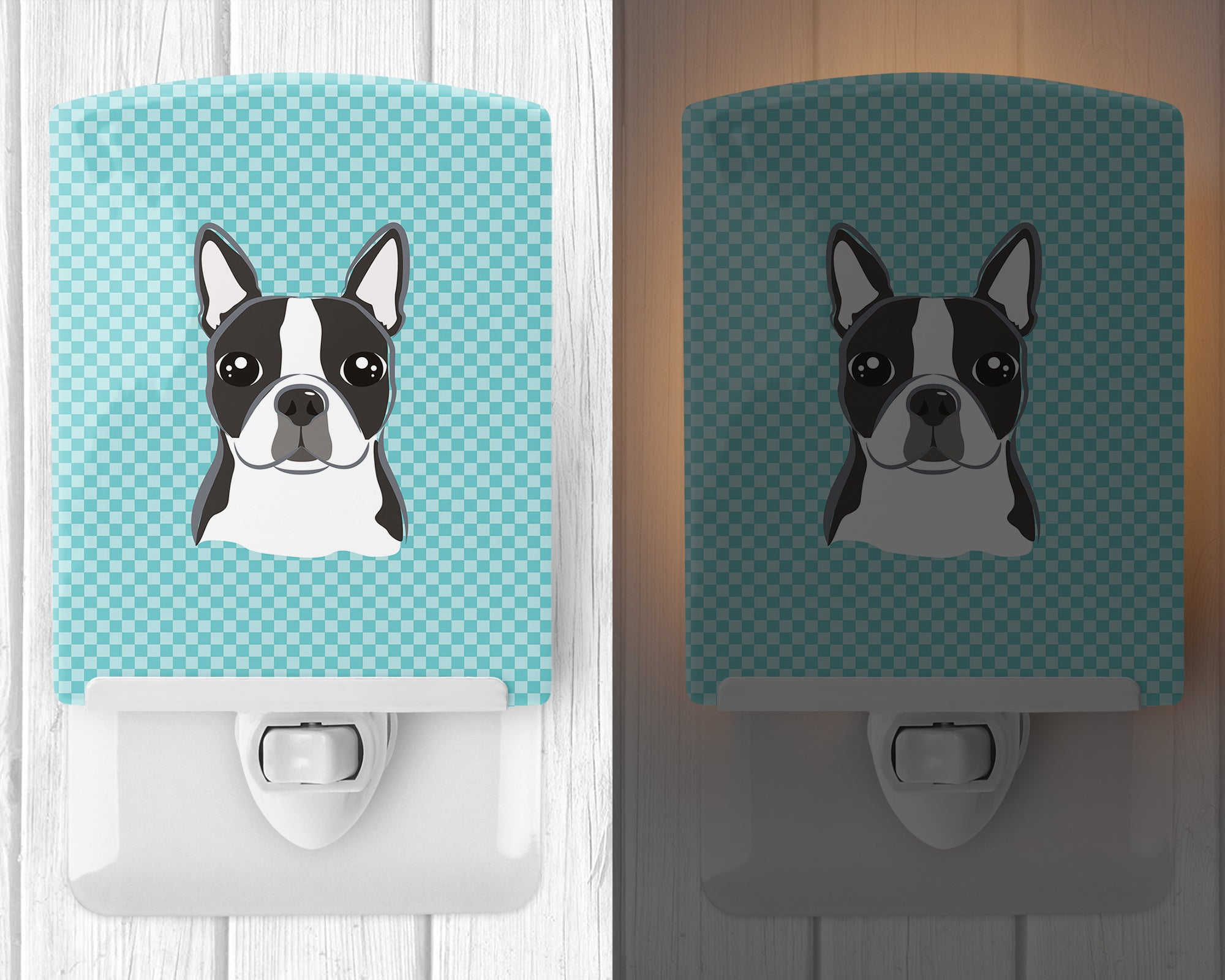 Checkerboard Blue Boston Terrier Ceramic Night Light BB1141CNL - the-store.com