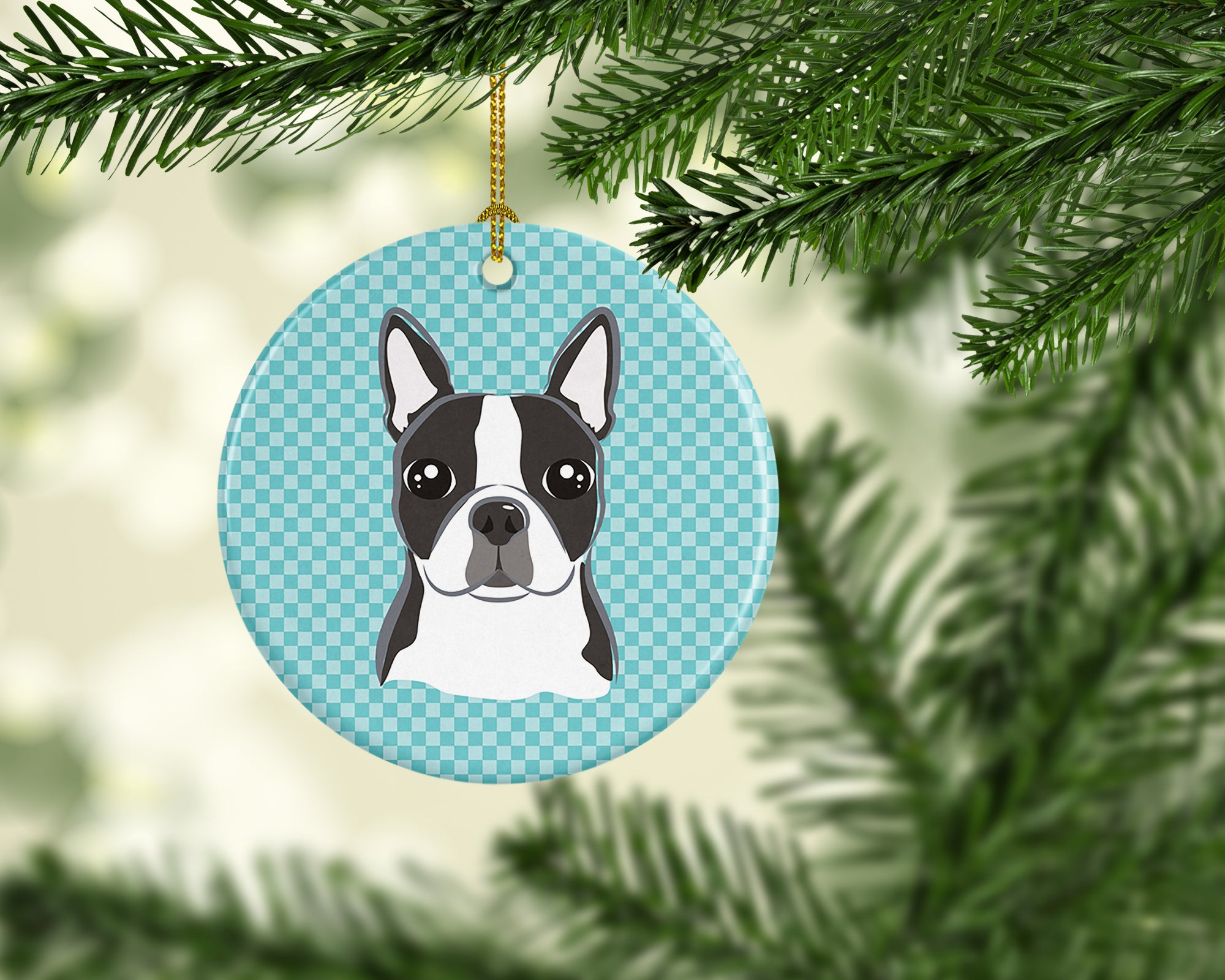 Checkerboard Blue Boston Terrier Ceramic Ornament BB1141CO1 - the-store.com