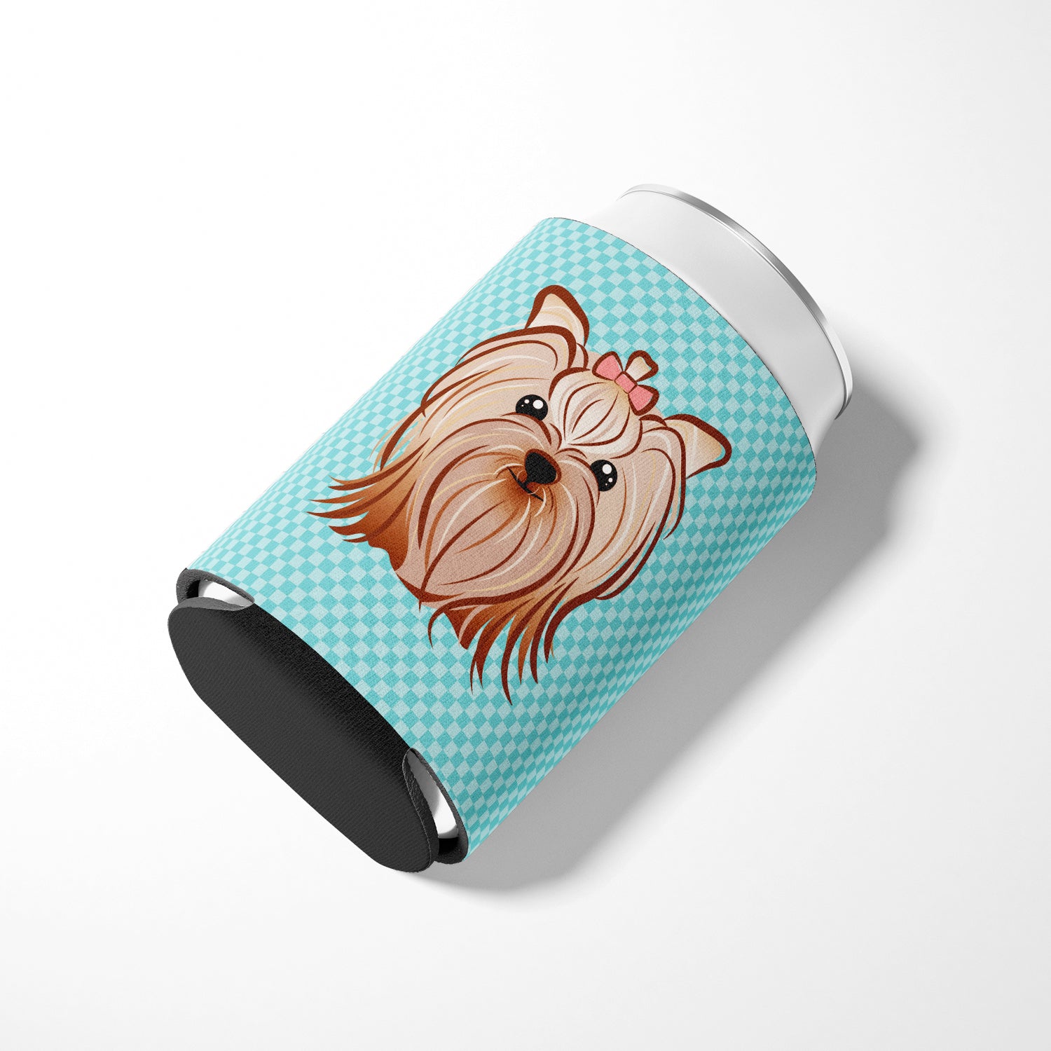 Checkerboard Blue Yorkie Yorkshire Terrier Can or Bottle Hugger BB1142CC.