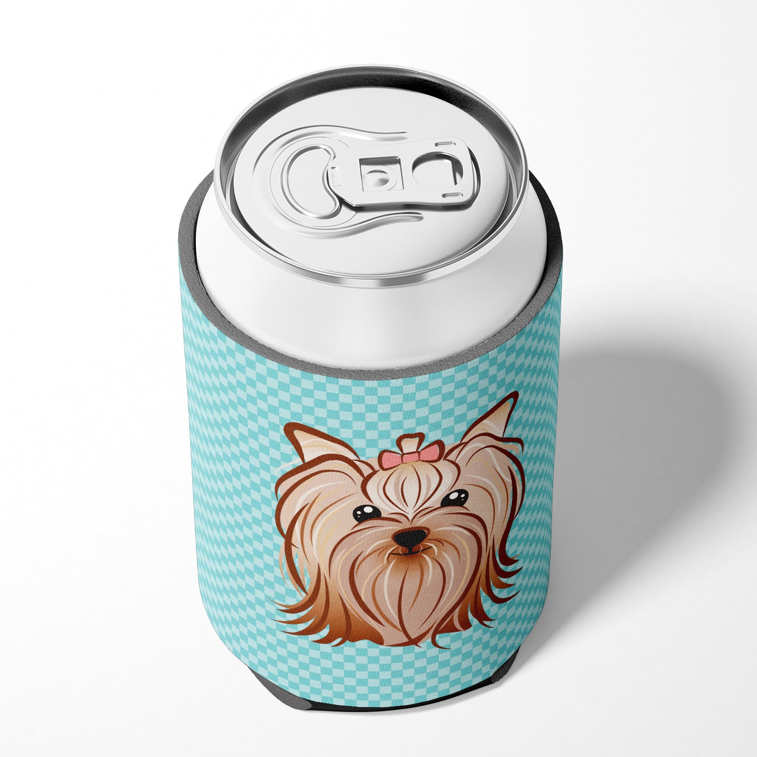 Checkerboard Blue Yorkie Yorkshire Terrier Can or Bottle Hugger BB1142CC.