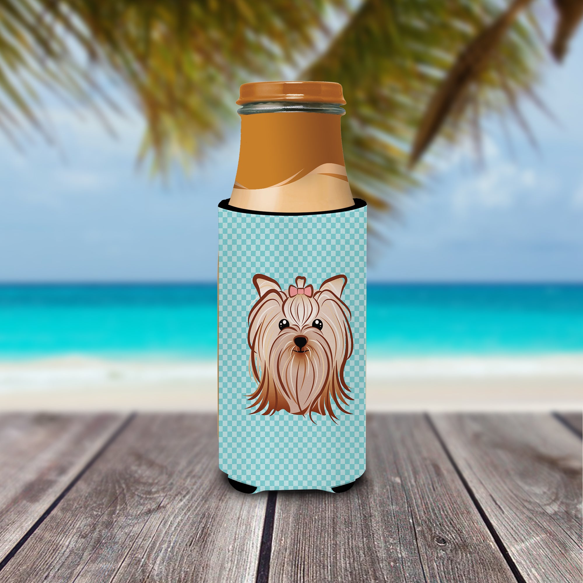 Checkerboard Blue Yorkie Yorkshire Terrier Ultra Beverage Insulators for slim cans.